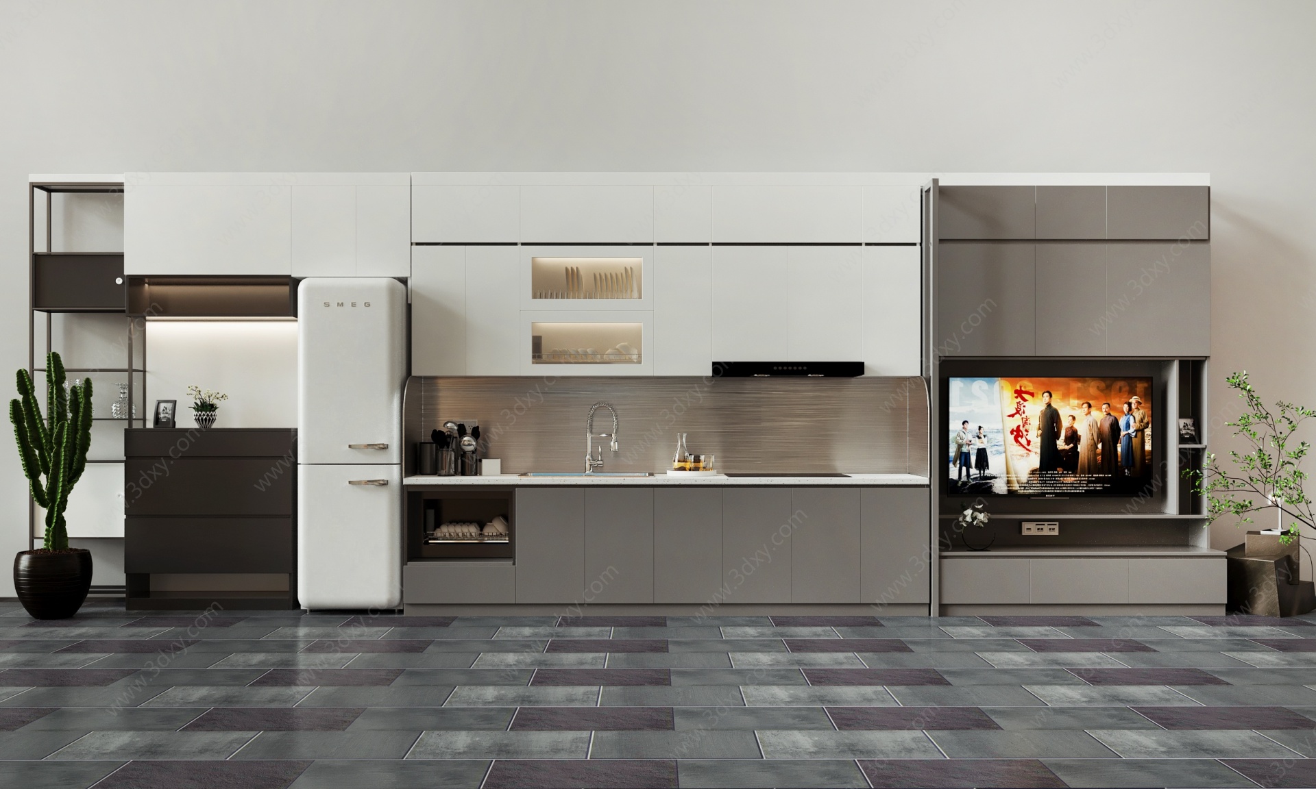 现代公寓厨柜电视墙组合3D模型