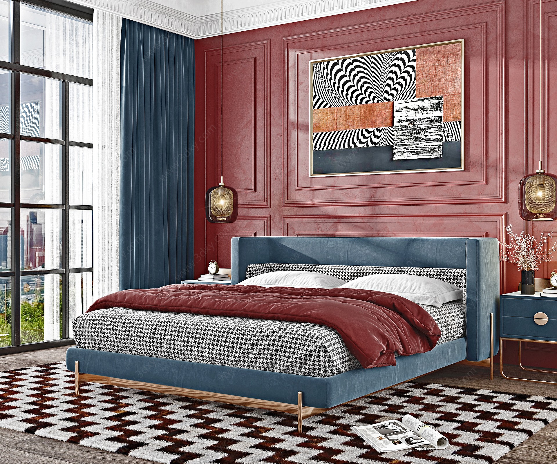 美式卧室绒布双人床3D模型