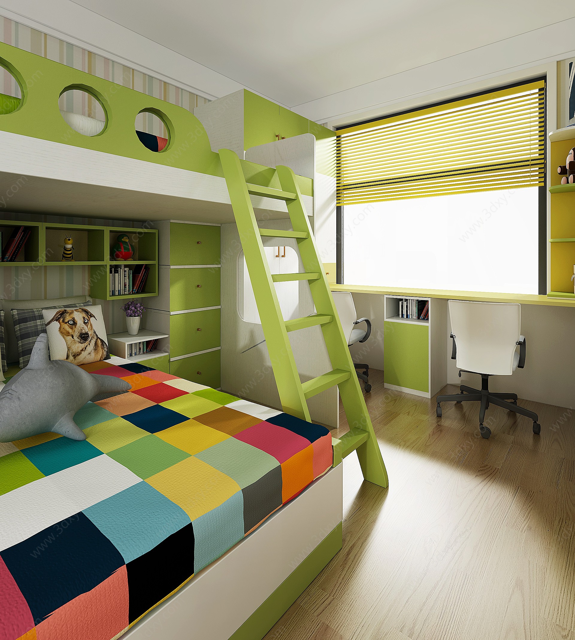 现代儿童房男孩房上下床3D模型