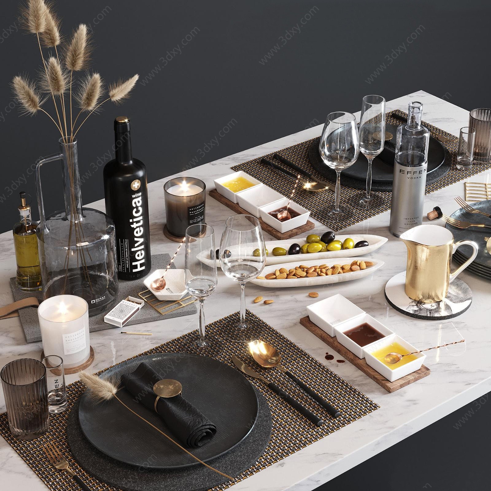 现代风格餐厅餐桌餐具3D模型