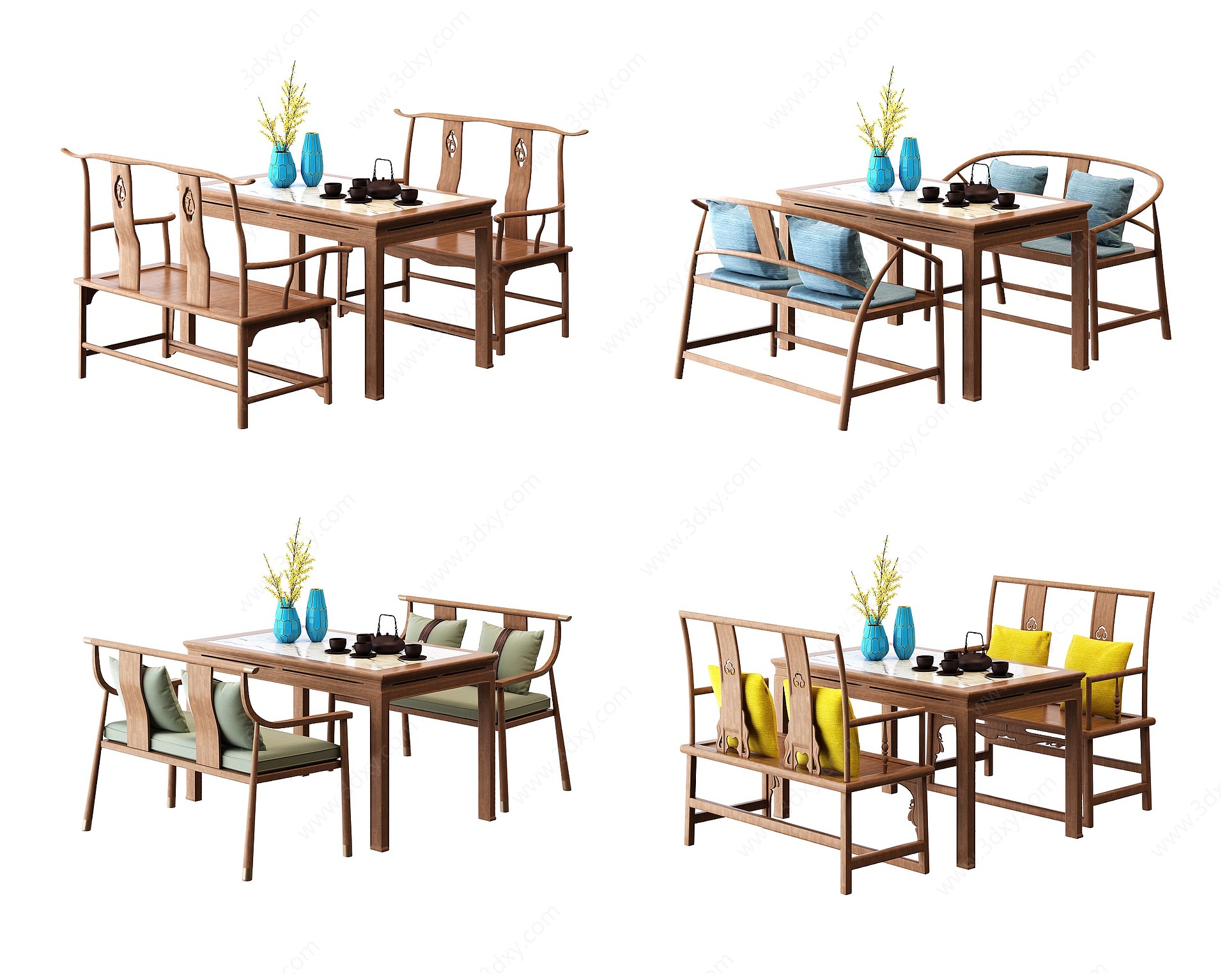 新中式双人餐桌椅3D模型