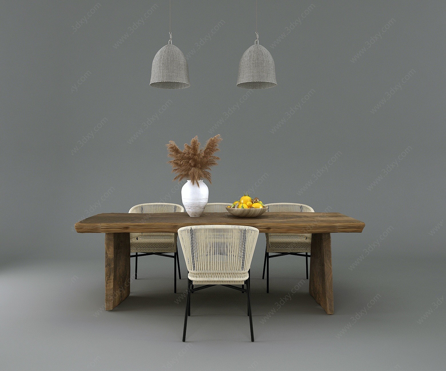 工业风原木茶桌椅吊灯组合3D模型