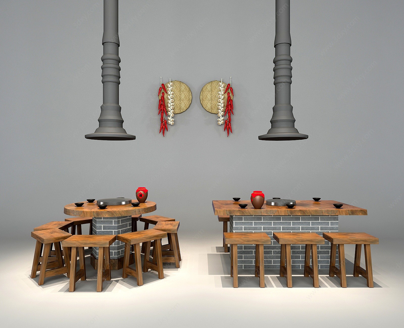 中式实木八仙桌条凳3D模型