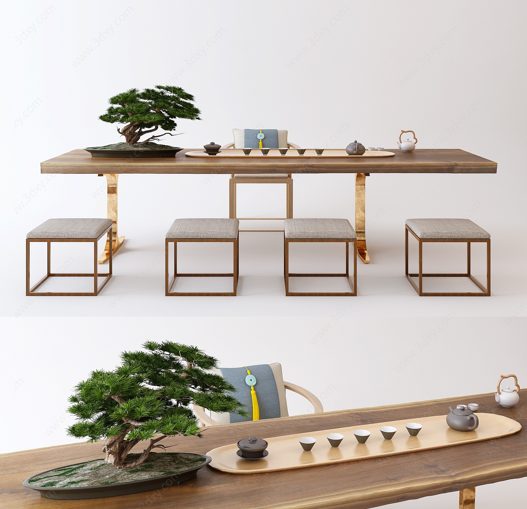 中式茶几办公桌椅3D模型