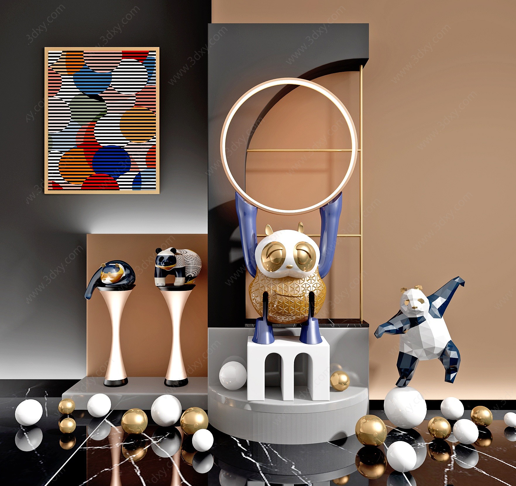 现代艺术熊猫雕塑摆件3D模型