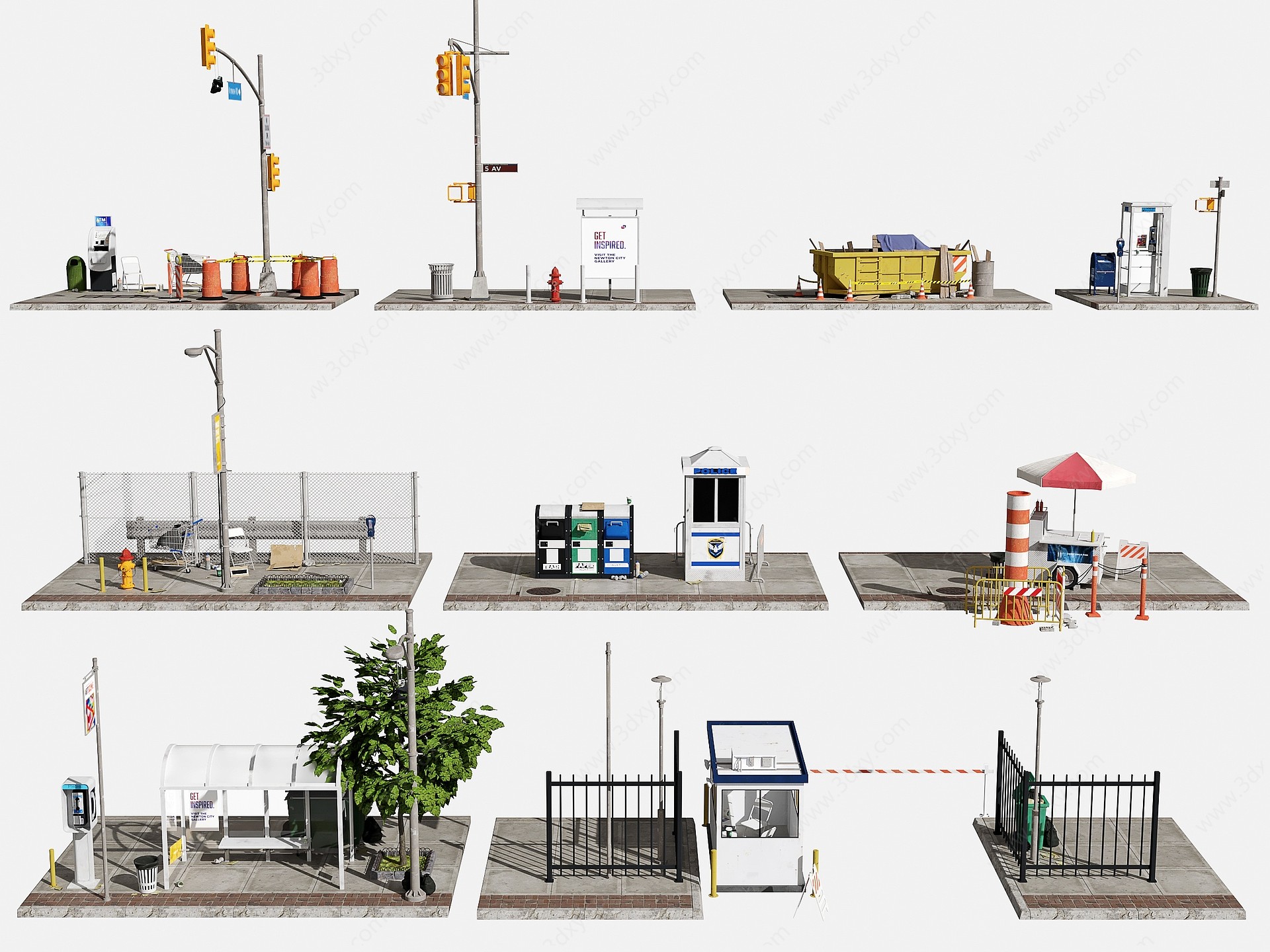 现代街道市政设施3D模型