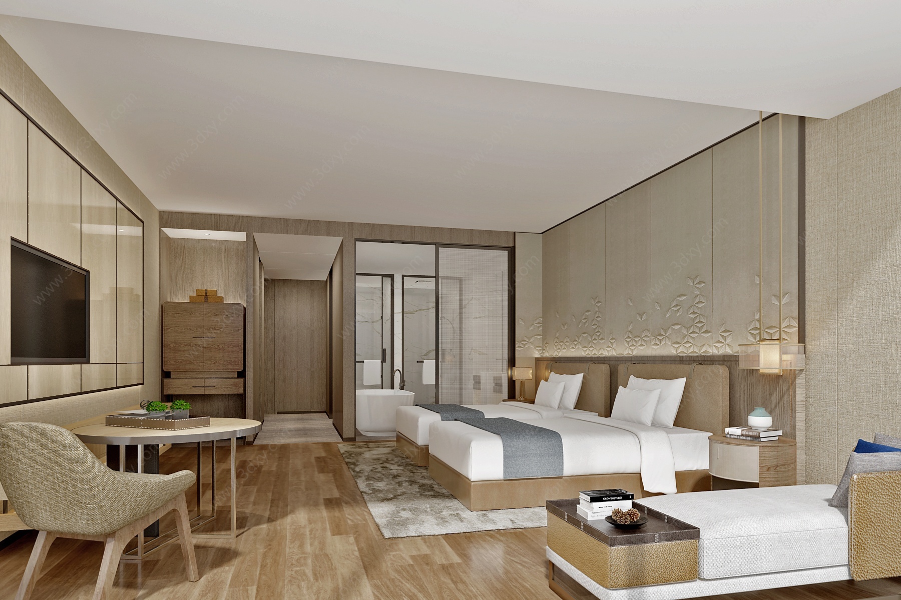 新中式酒店双床客房3D模型