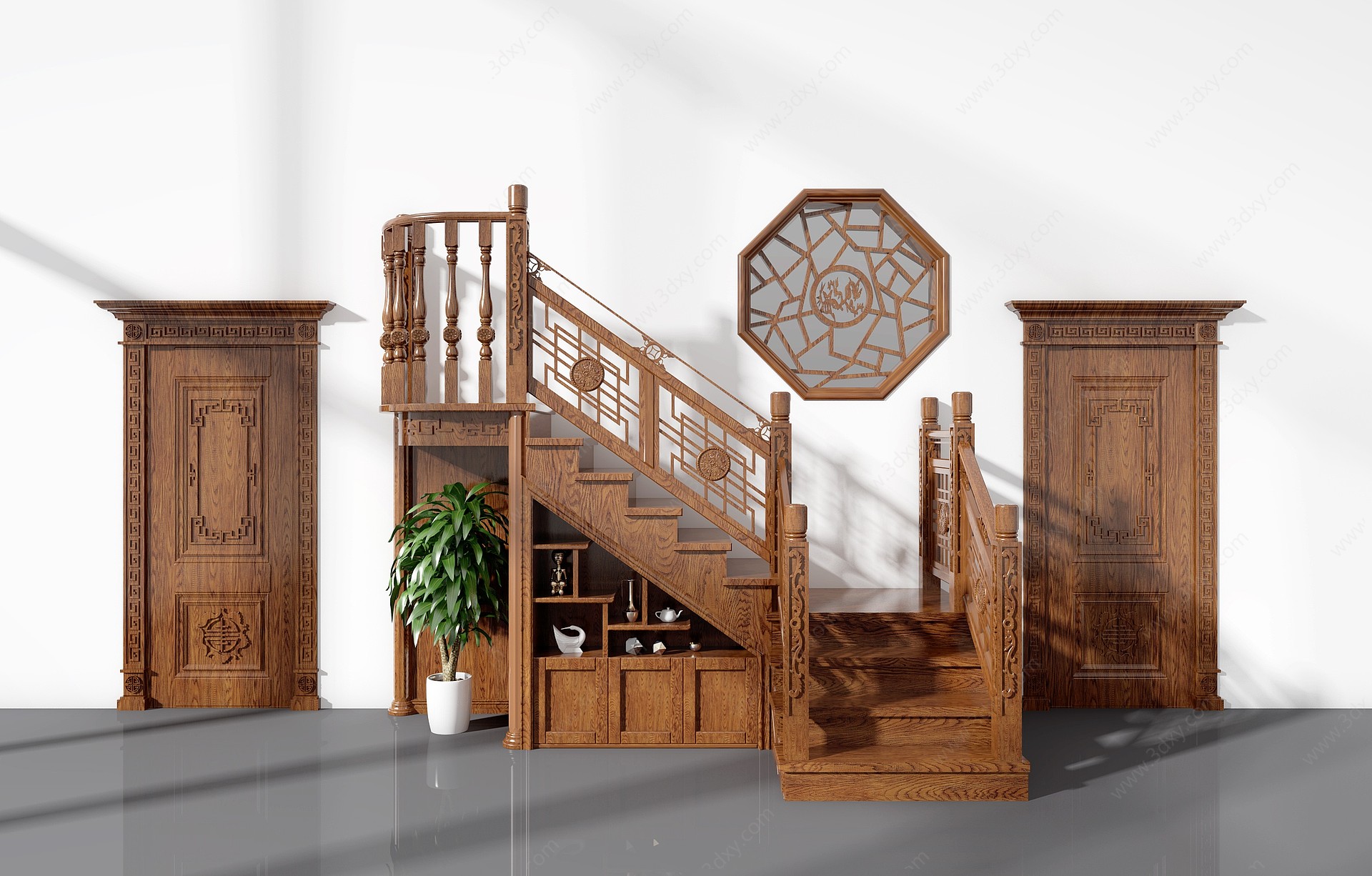 中式实木雕花楼梯3D模型