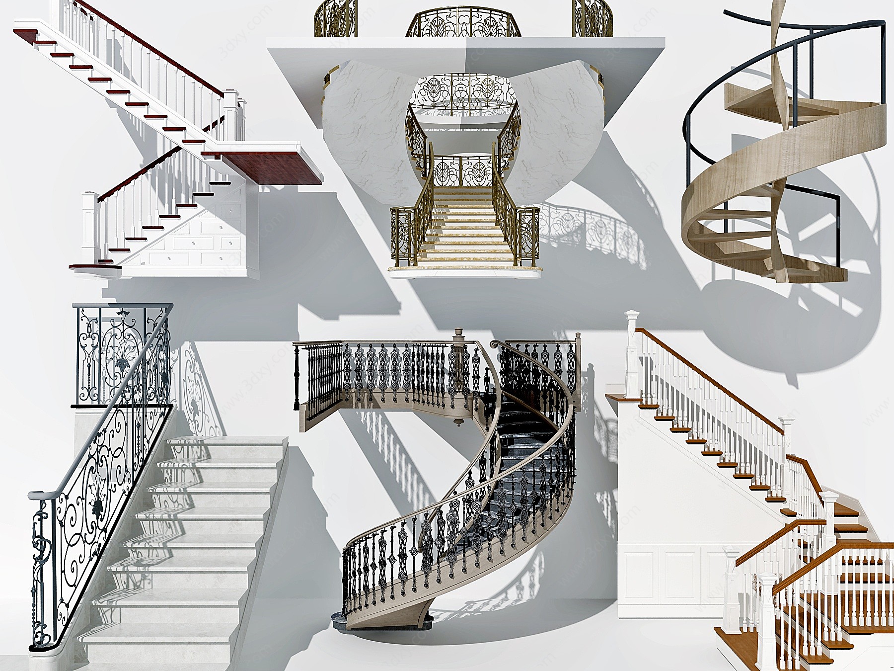 欧式铁艺栏杆旋转楼梯组合3D模型