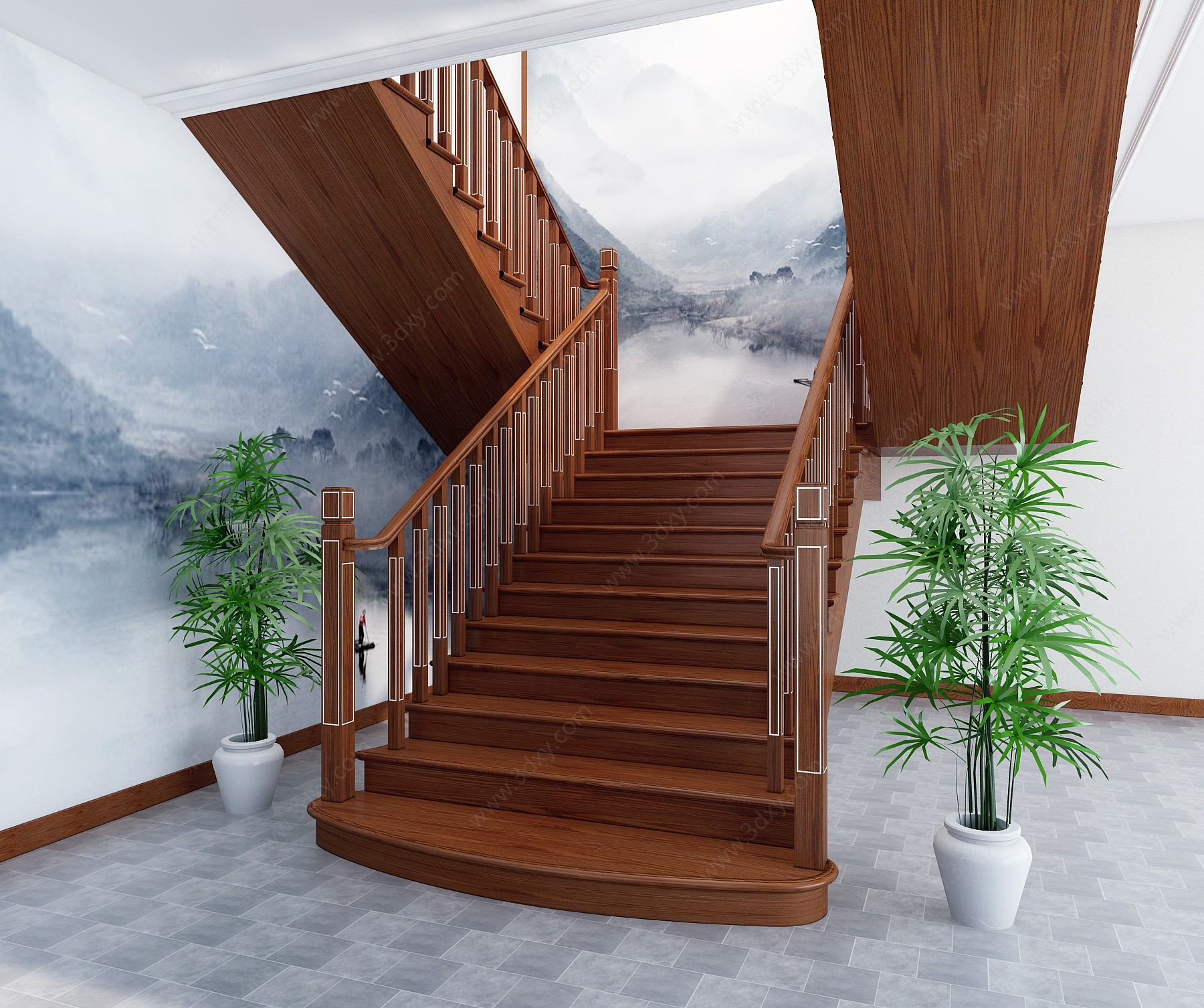 新中式实木楼梯3D模型
