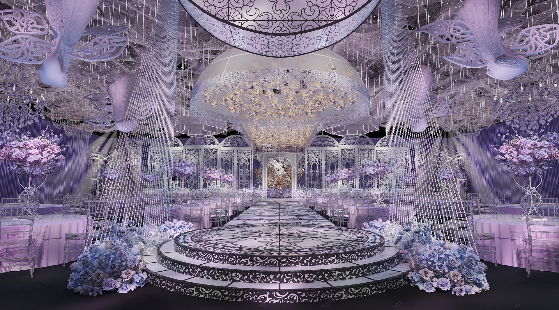 现代紫色婚礼宴会布置3D模型