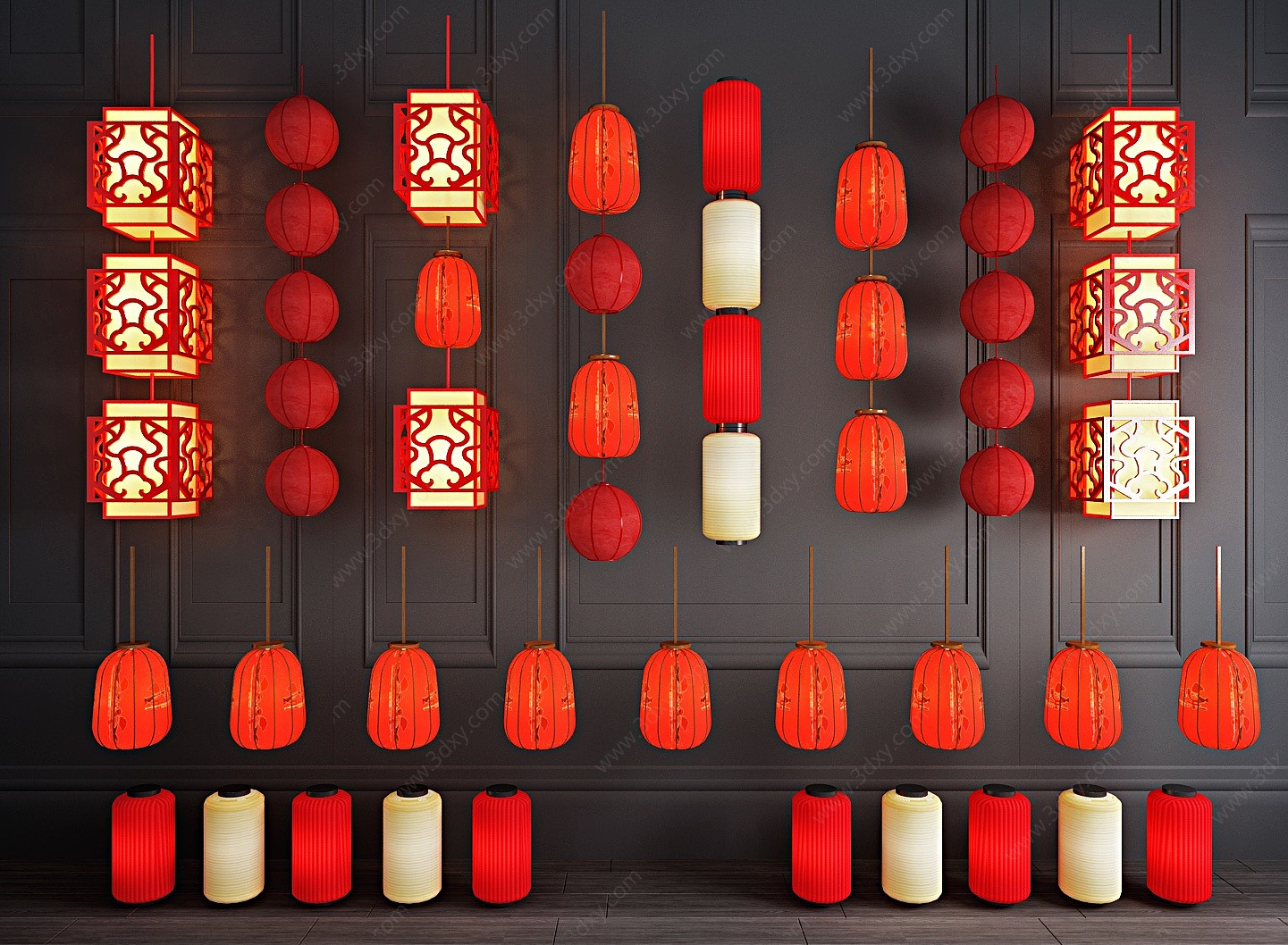 新中式红色灯笼吊灯组合3D模型
