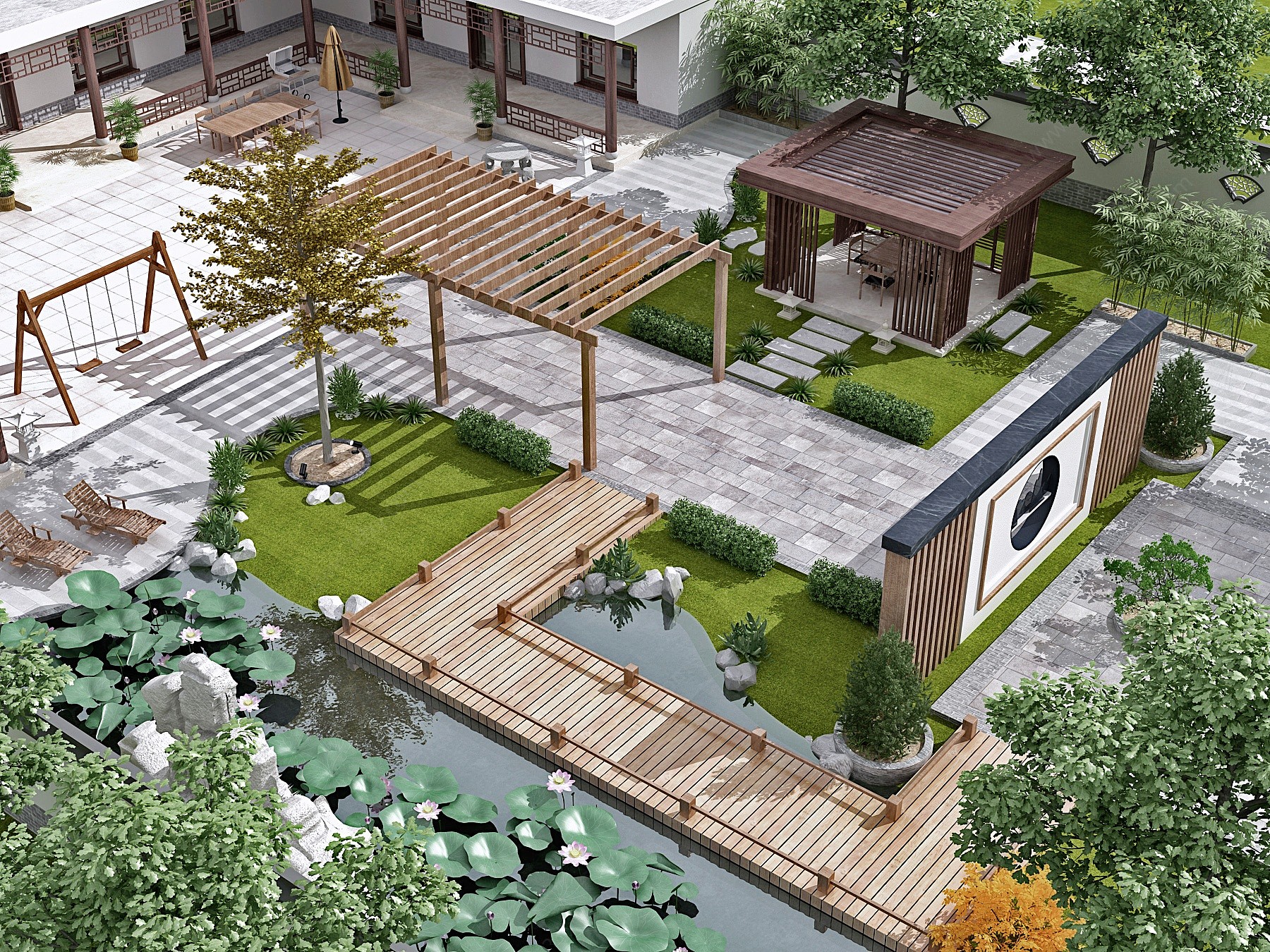 新中式别墅庭院3D模型