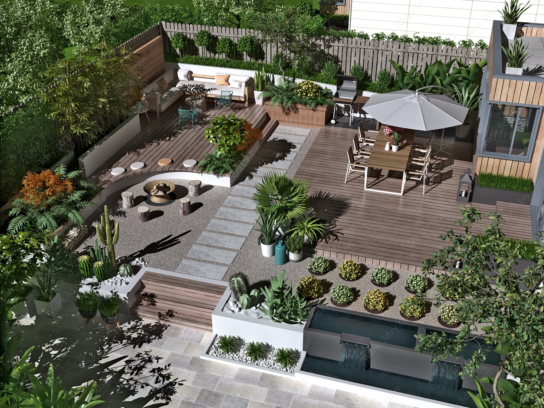 现代别墅庭院花园鸟瞰3D模型