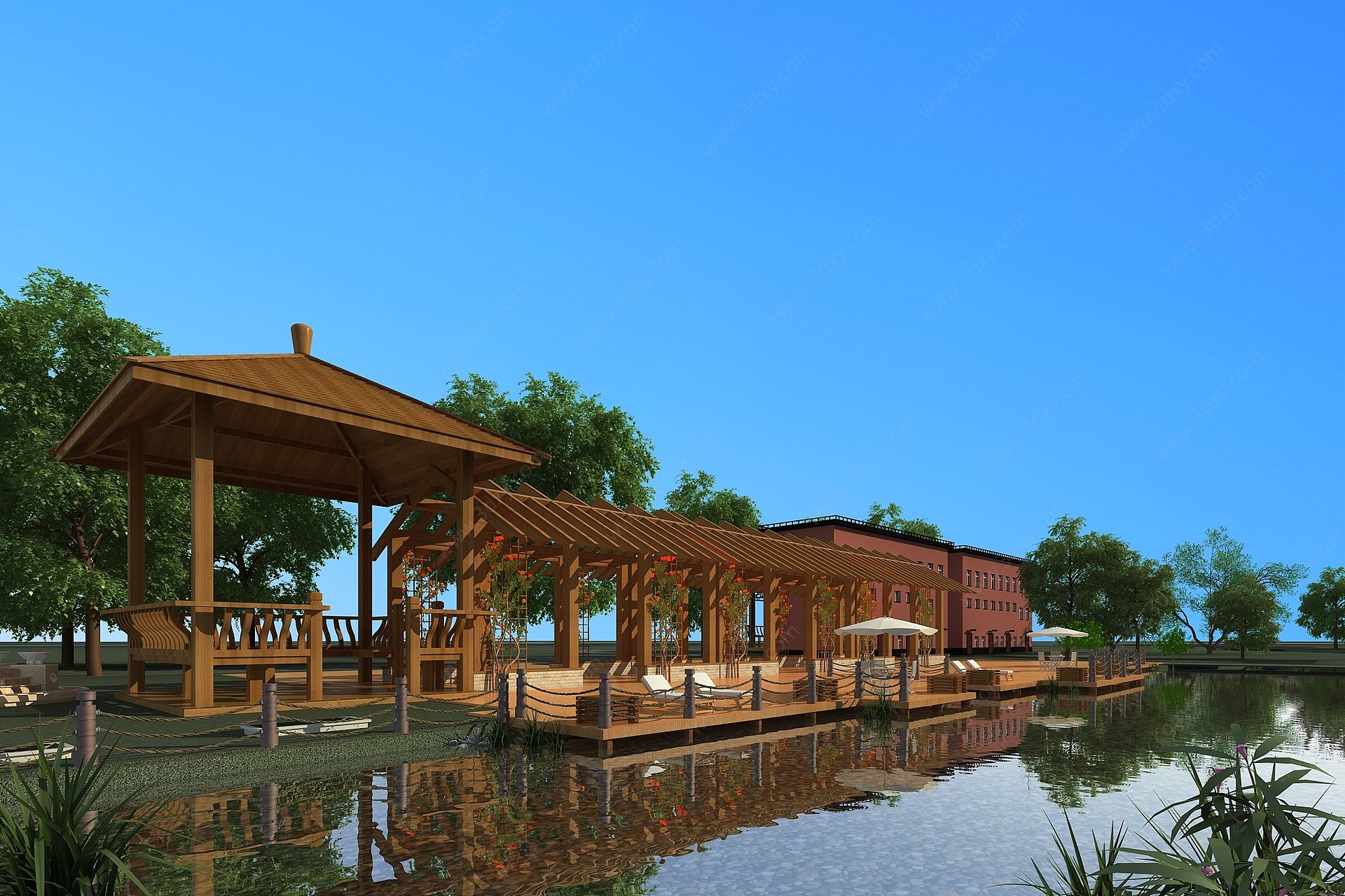 中式公园景观湖景3D模型