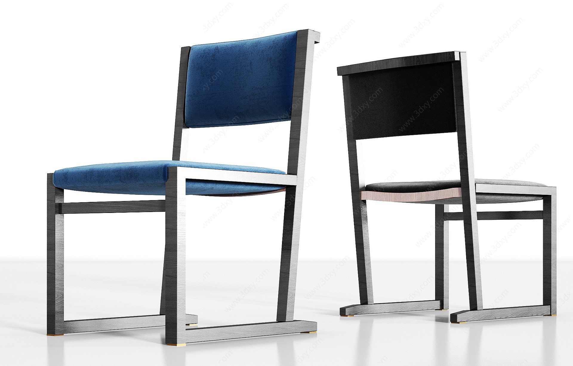 新中式实木绒布单椅组合3D模型