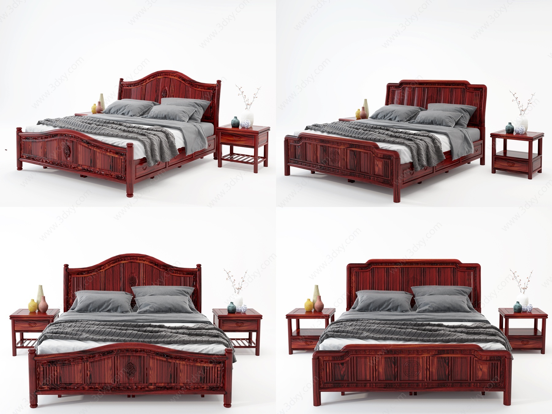 美式红木实木双人床3D模型