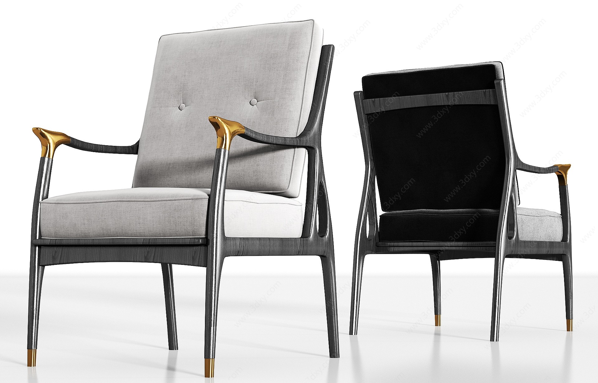 新中式实木绒布单椅组合3D模型