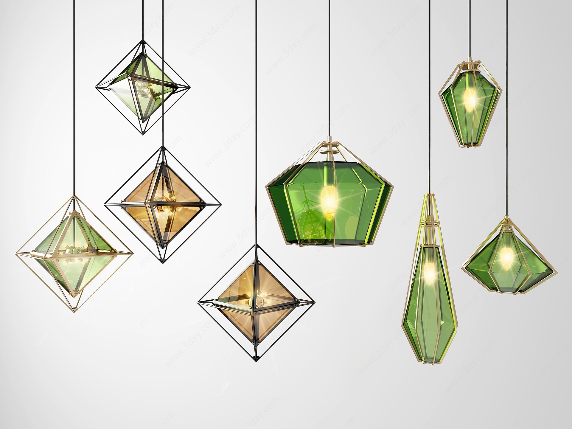 现代几何玻璃小吊灯组合3D模型