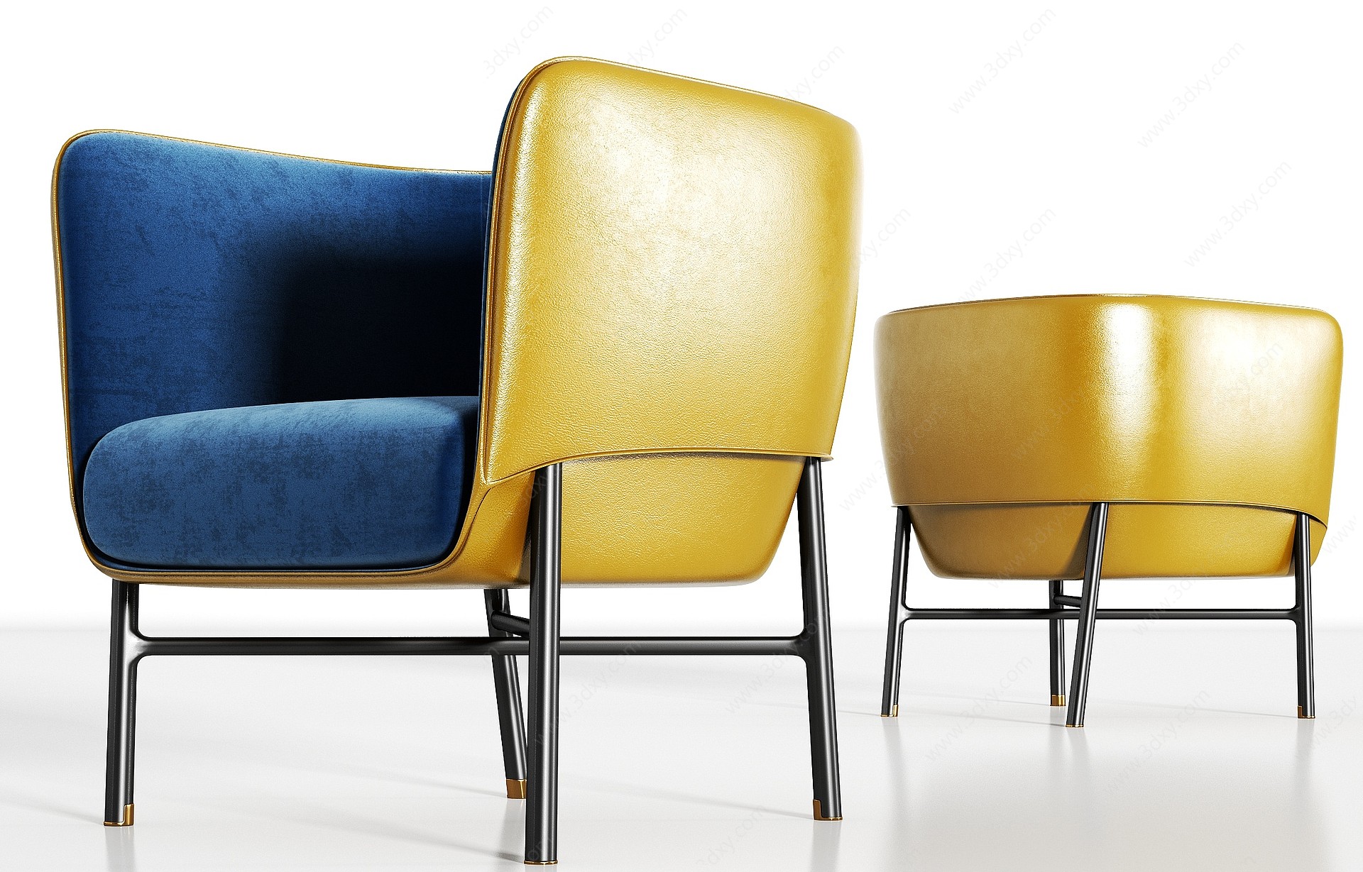 现代轻奢绒布皮革单椅组合3D模型