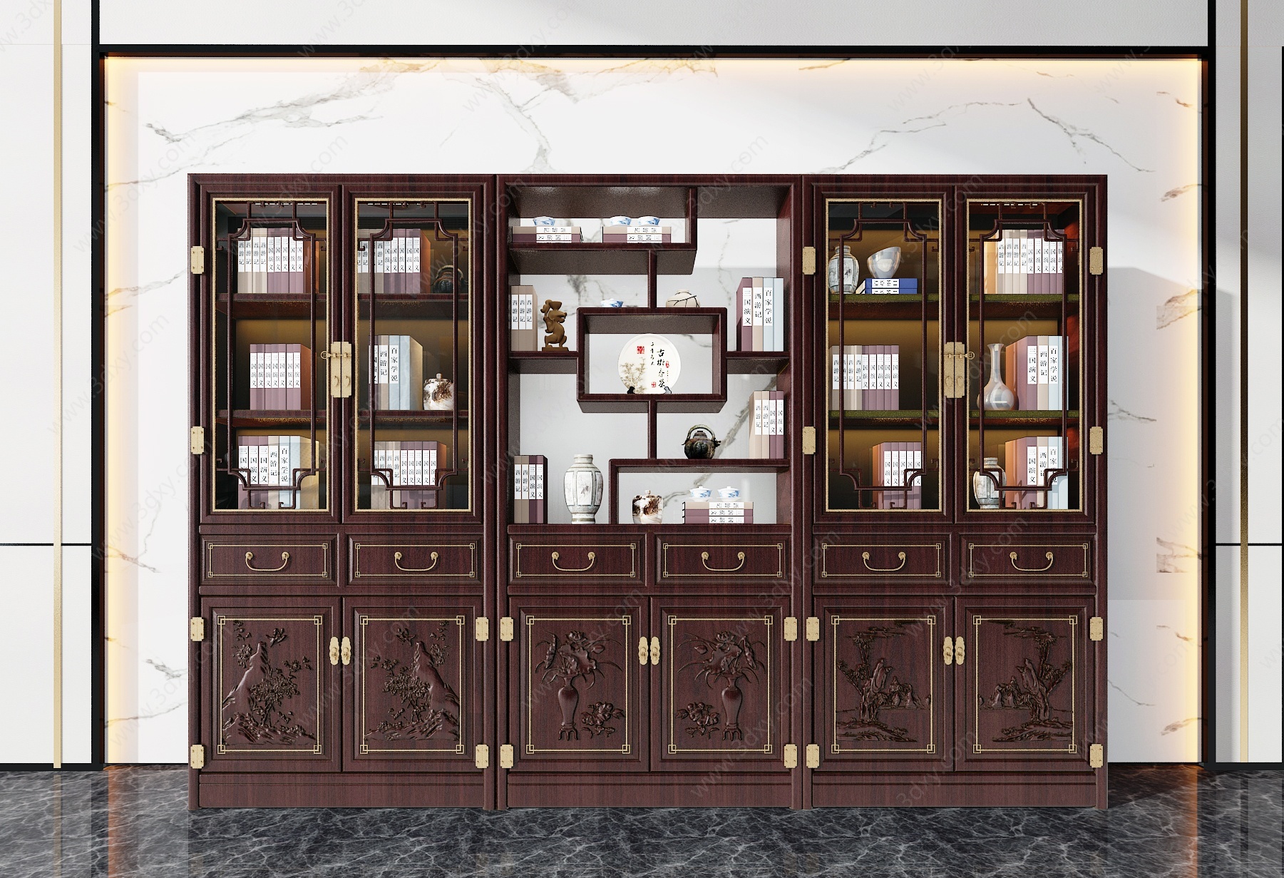 中式古典实木雕花书柜3D模型