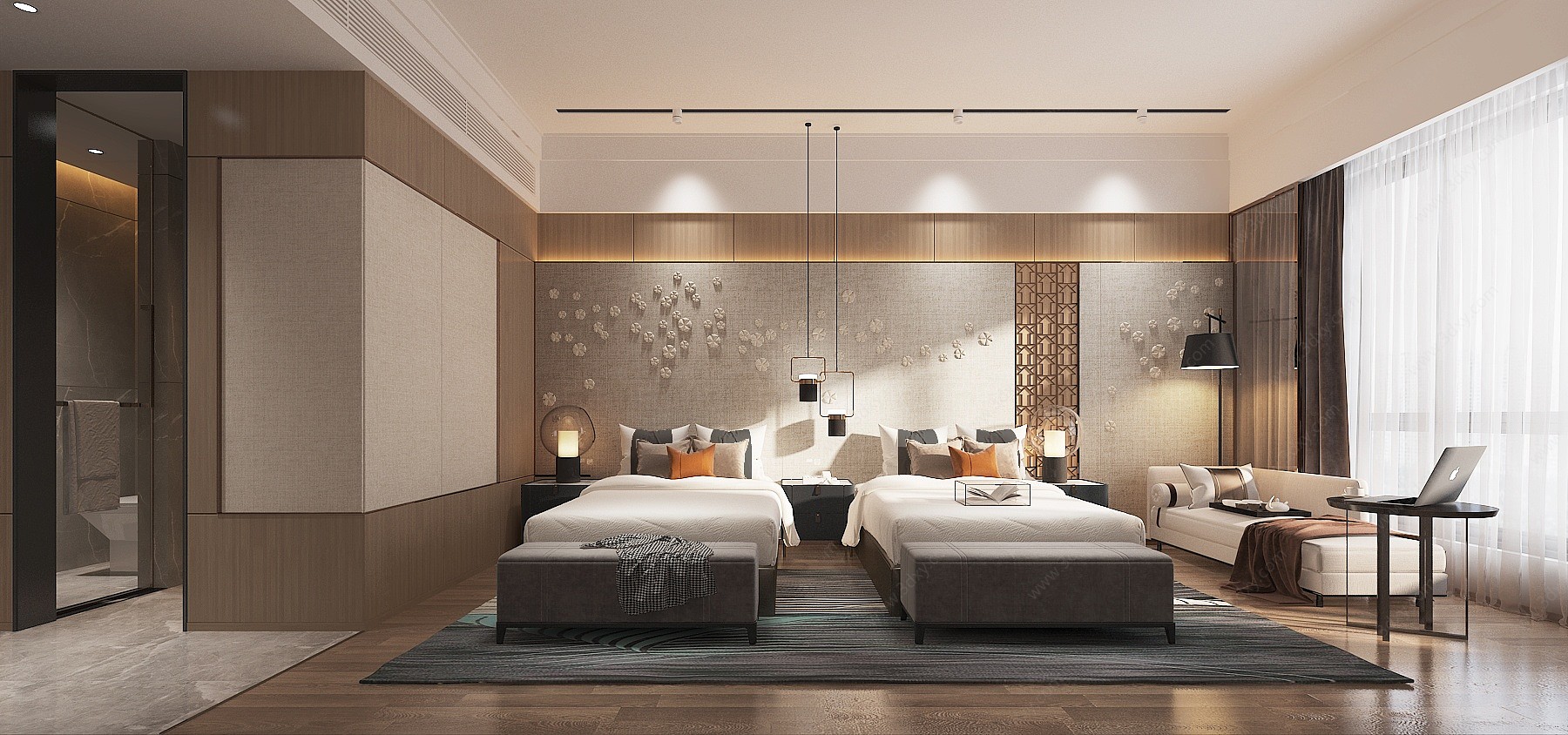现代酒店双人床客房3D模型