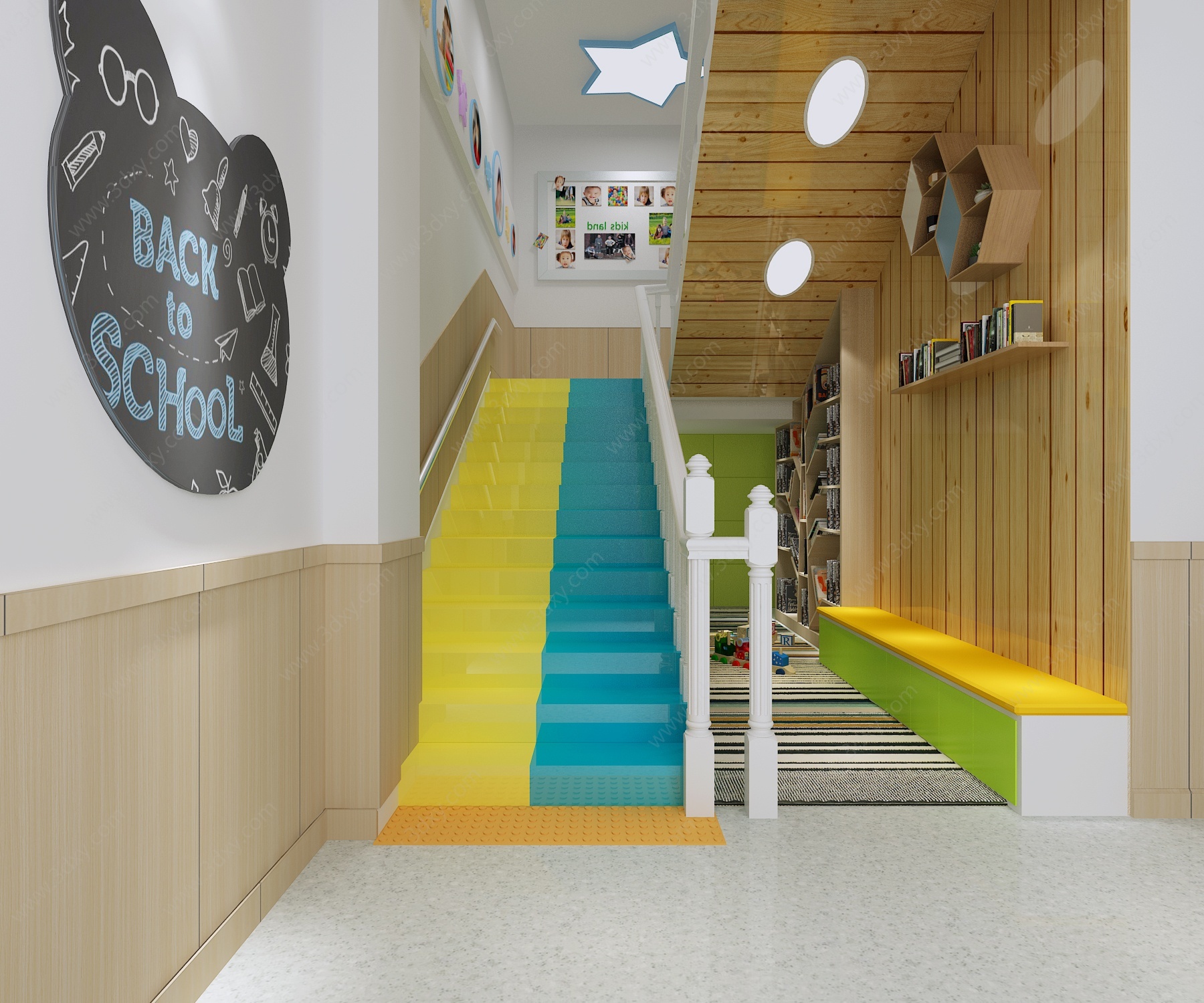 现代幼儿园楼梯间图书角3D模型