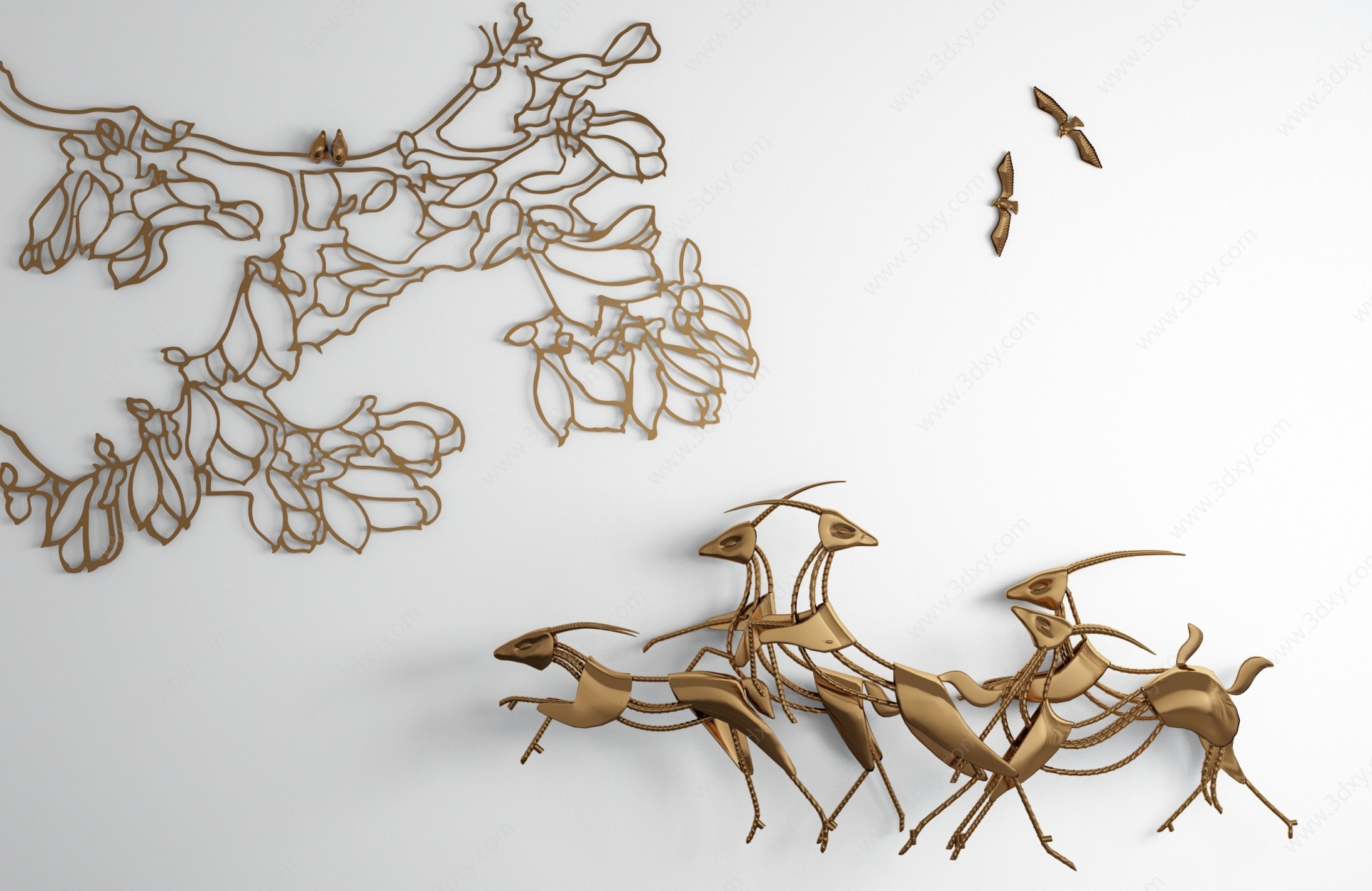 现代金属树枝鹿墙饰3D模型