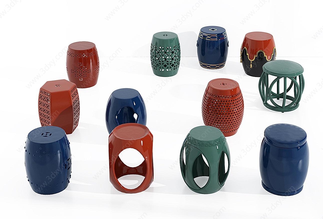 中式陶瓷鼓凳坐墩组合3D模型