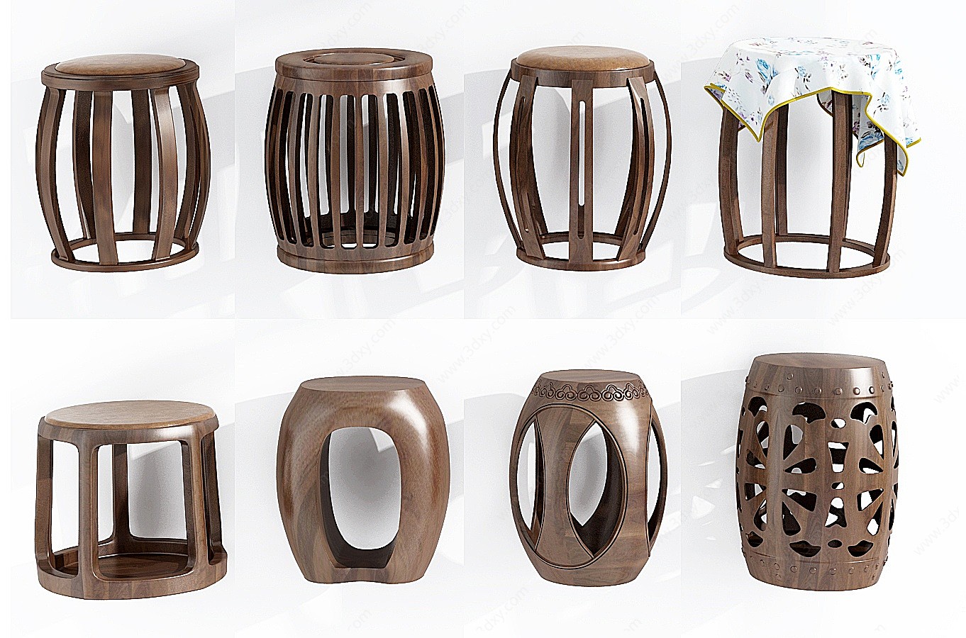 中式实木圆凳鼓凳组合3D模型