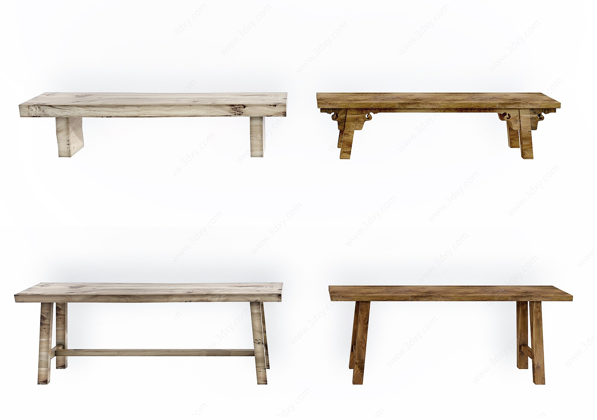 中式实木长条凳3D模型