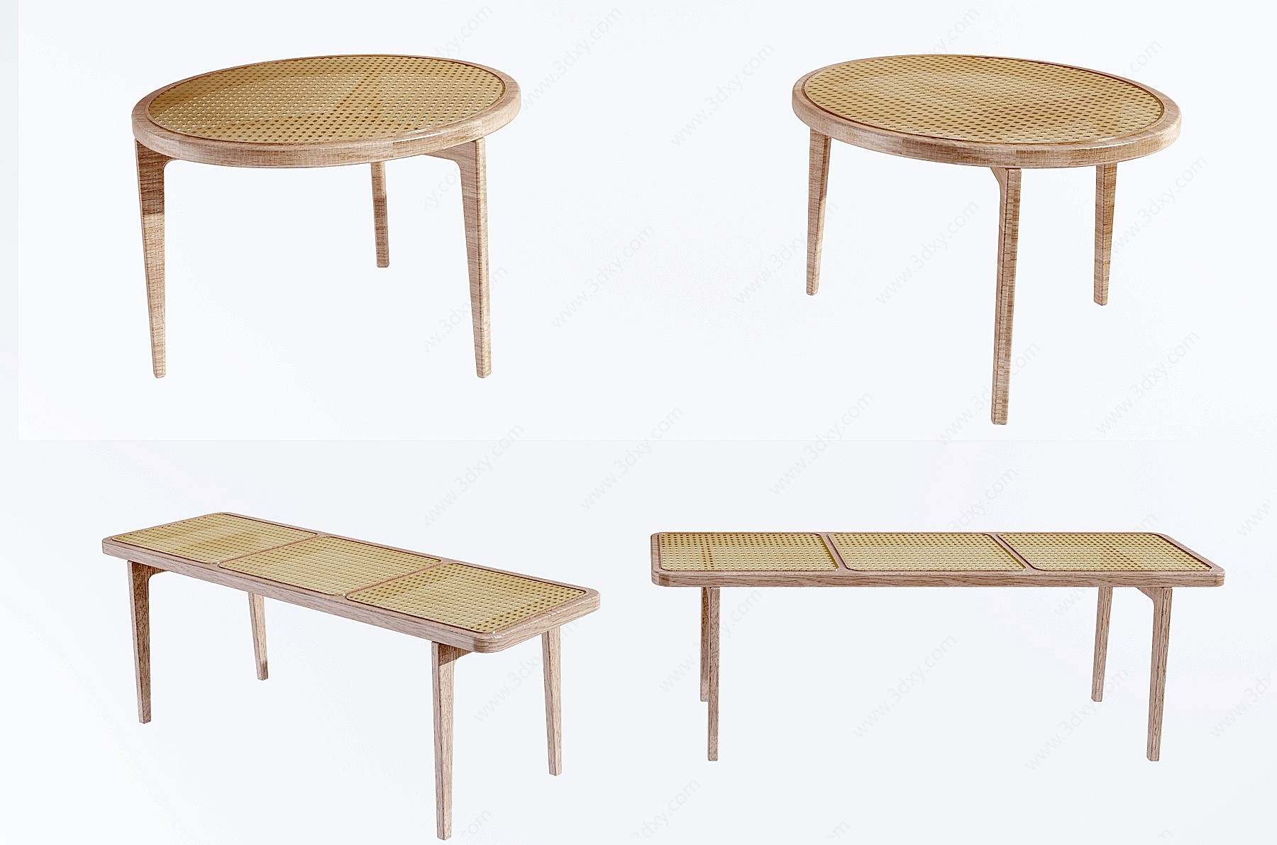 现代竹编圆桌长凳3D模型