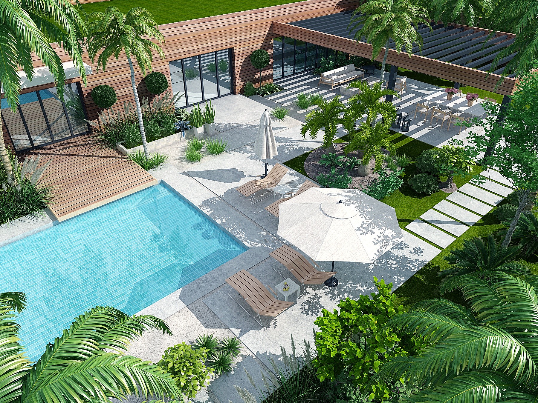 现代景观庭院花园泳池鸟瞰3D模型