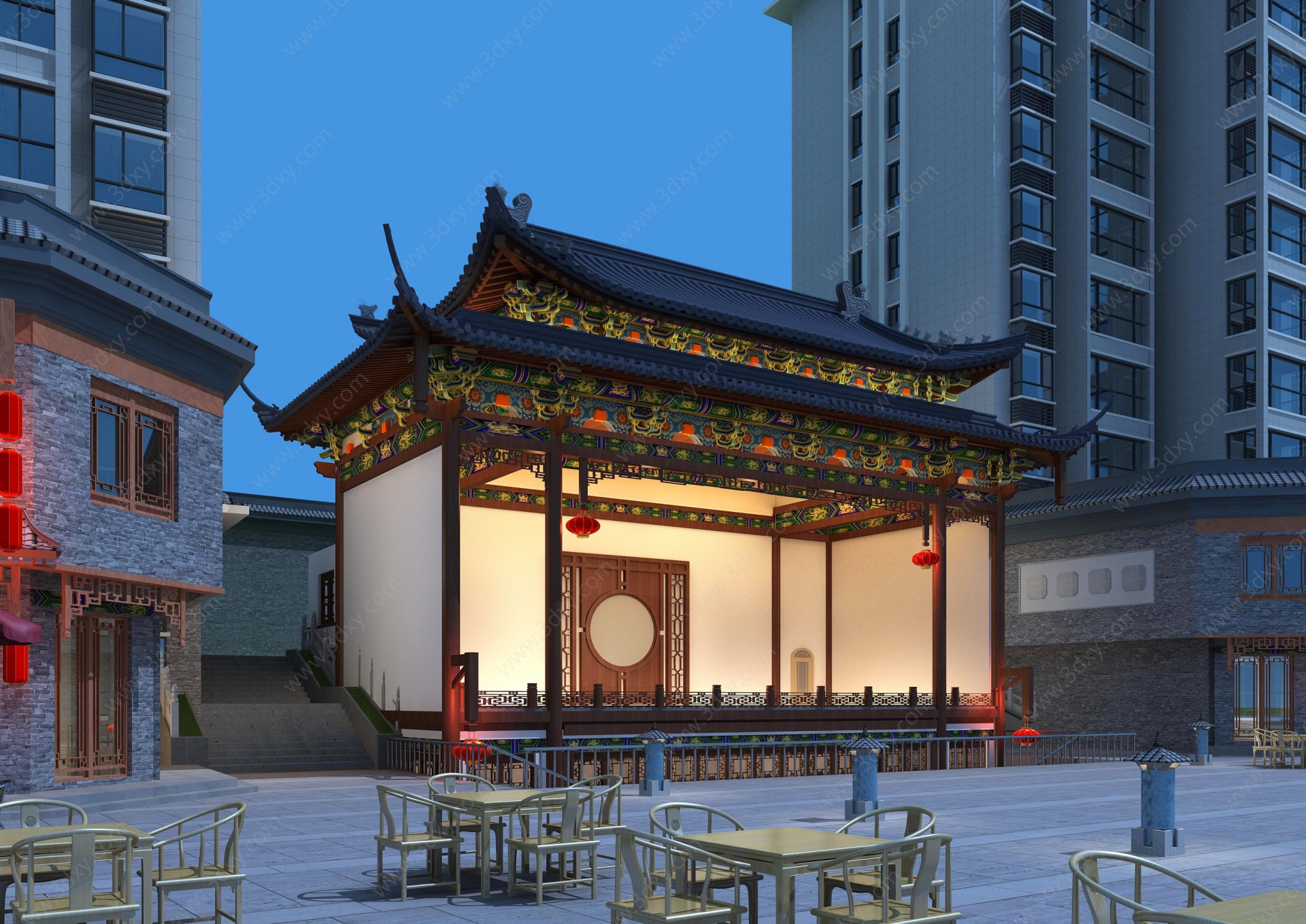 中式夜景戏台古建3D模型