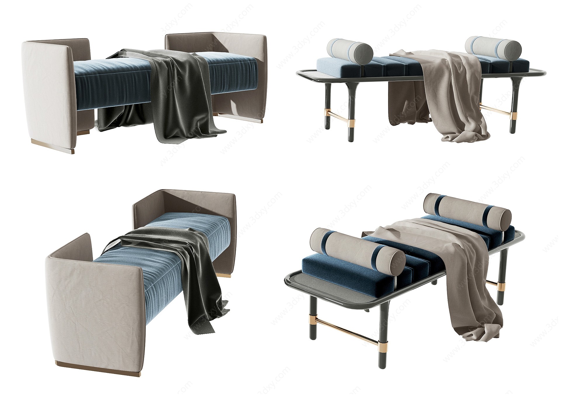 现代绒布床尾凳3D模型