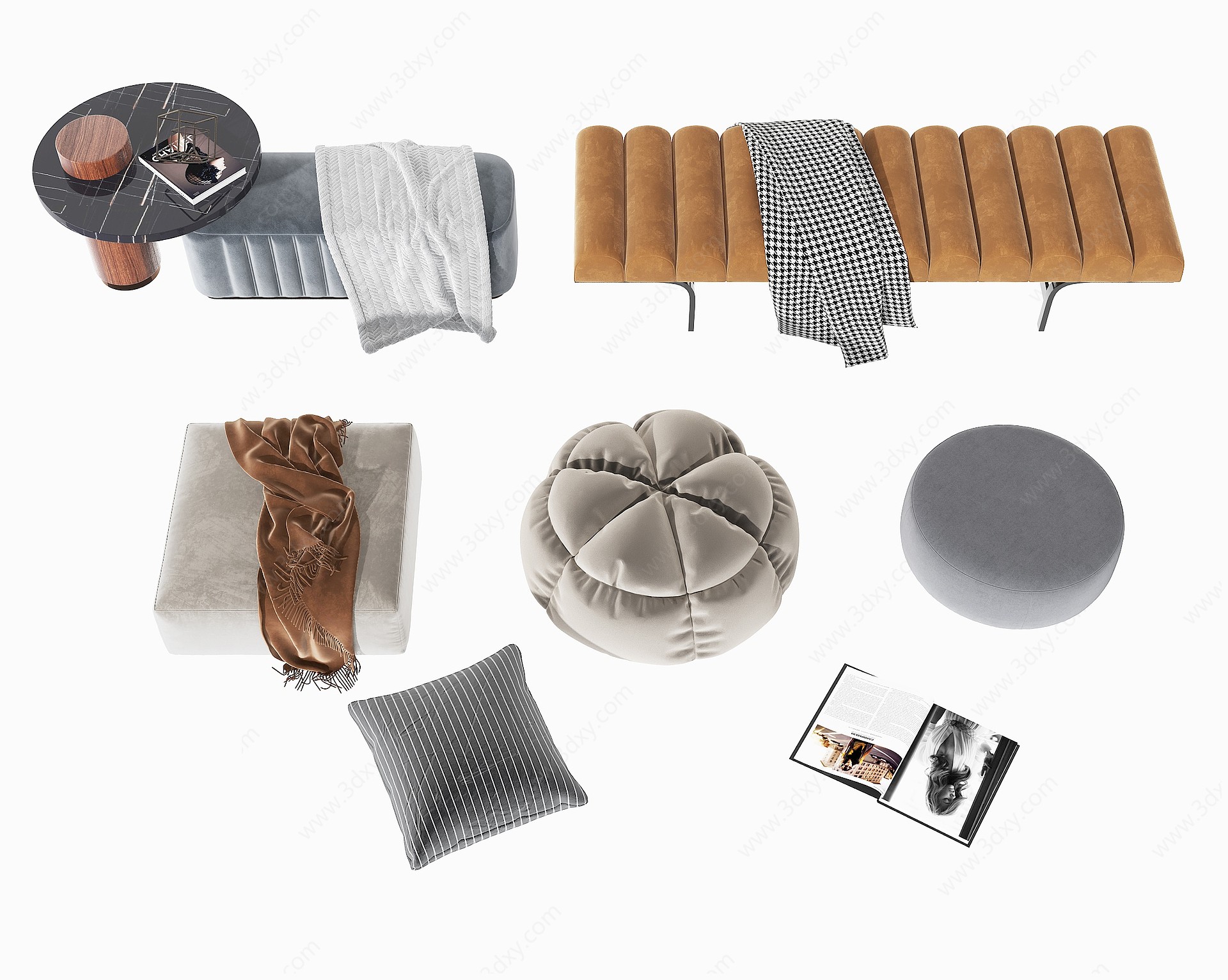 现代绒布床尾凳沙发凳3D模型