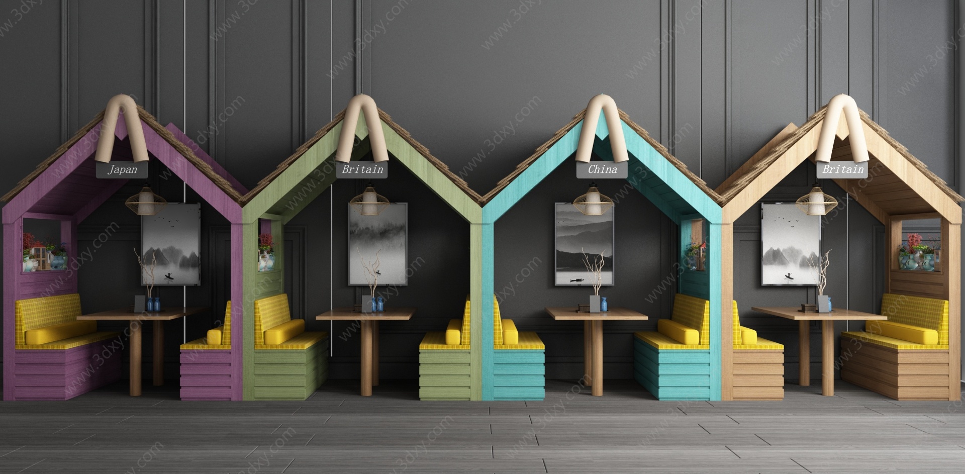 北欧奶茶店卡座小木屋3D模型
