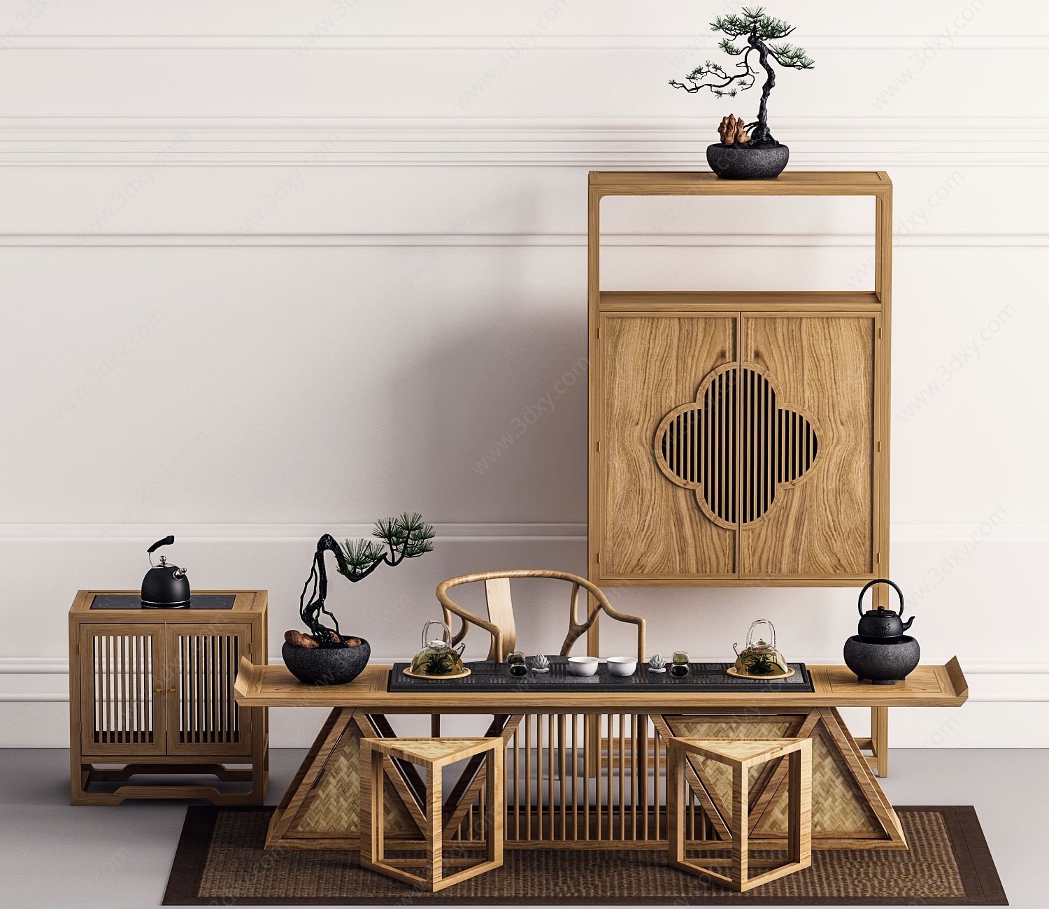 中式实木茶桌椅3D模型