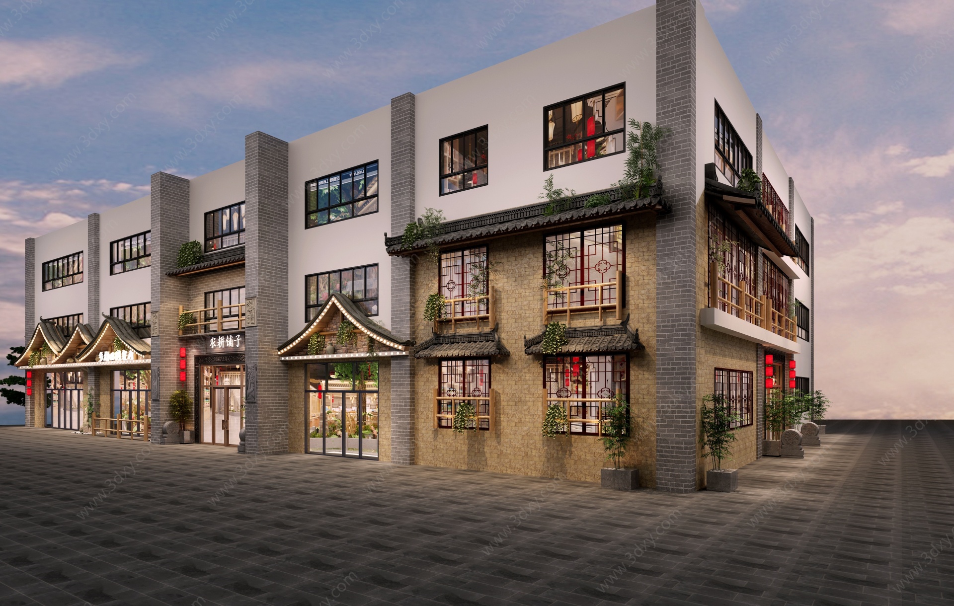 新中式门头屋檐瓦片餐厅3D模型