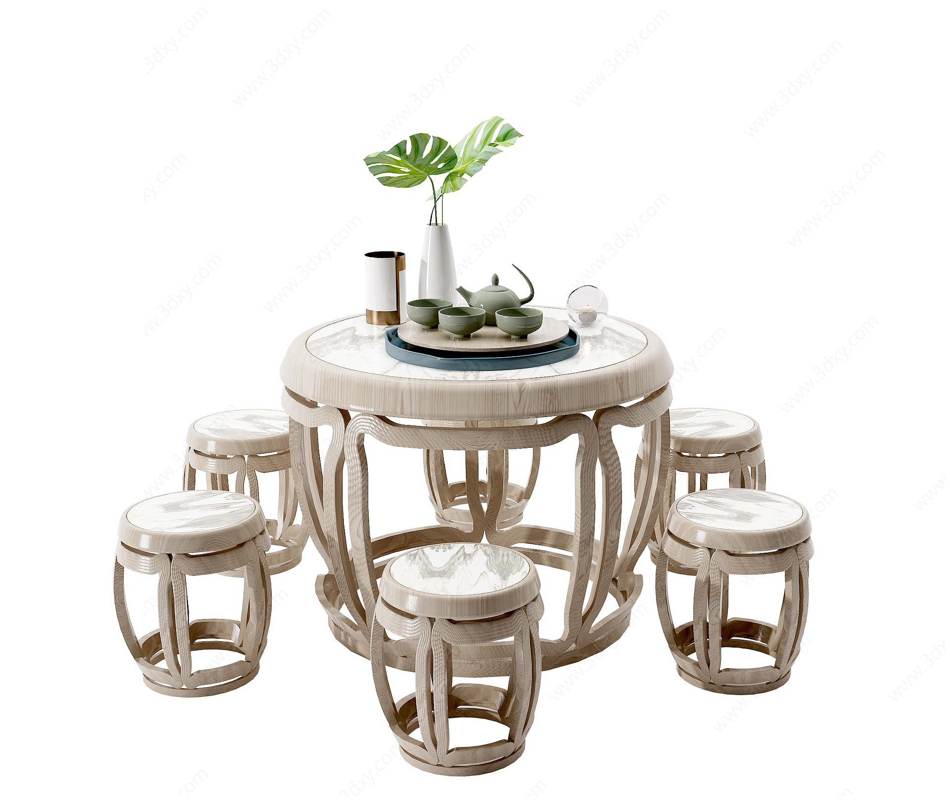 新中式古典实木茶桌椅组合3D模型