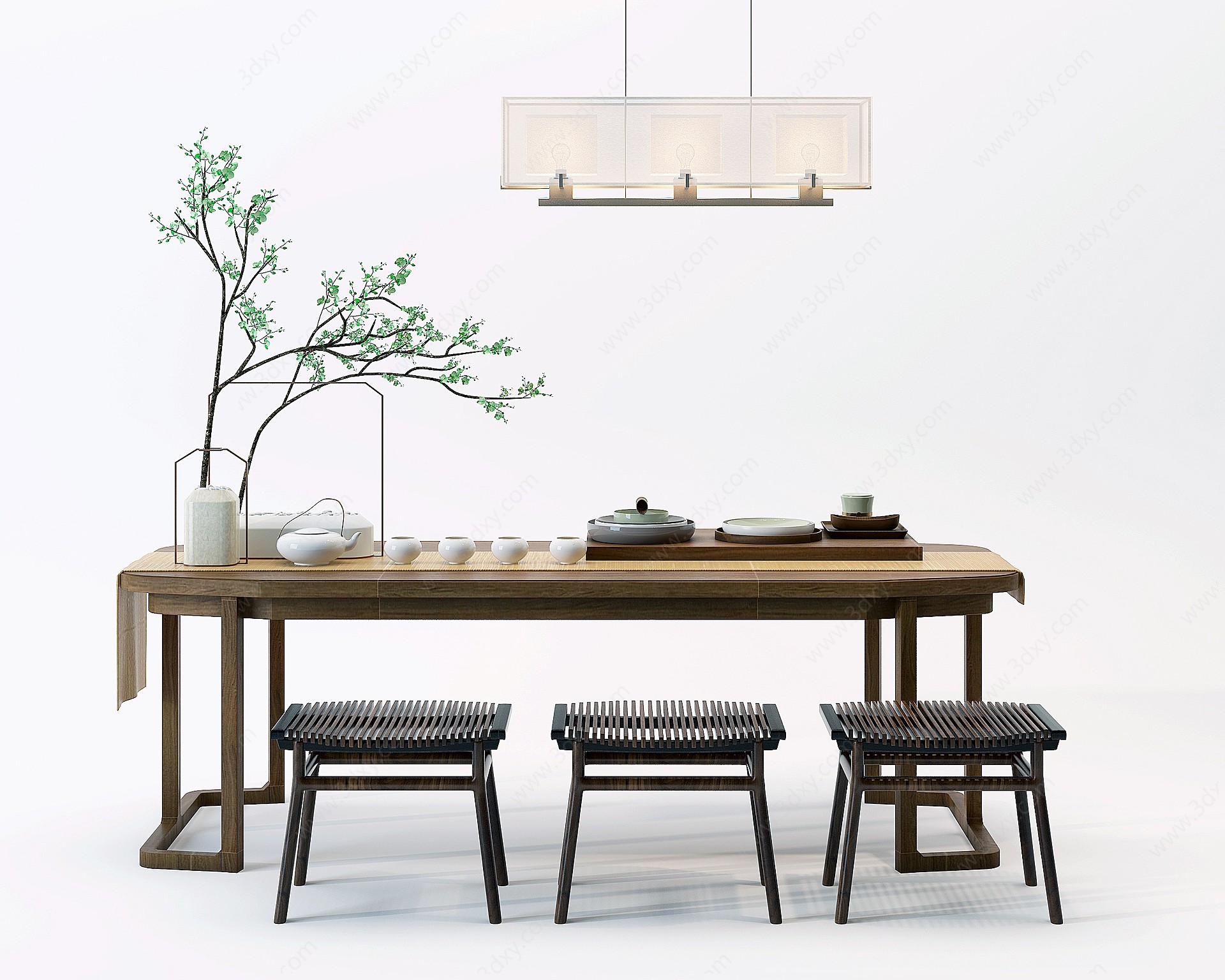 新中式实木茶桌椅3D模型