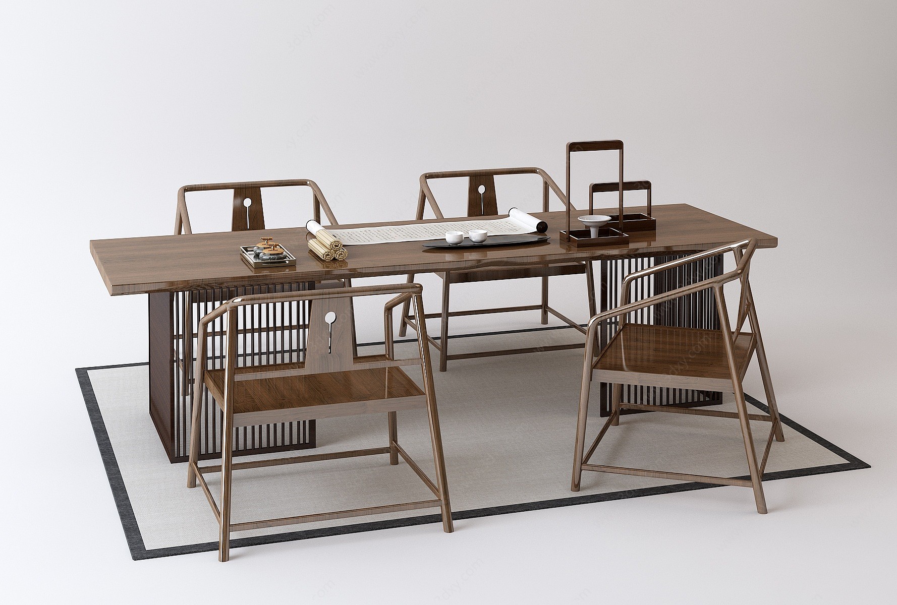 中式书桌椅茶几组合3D模型