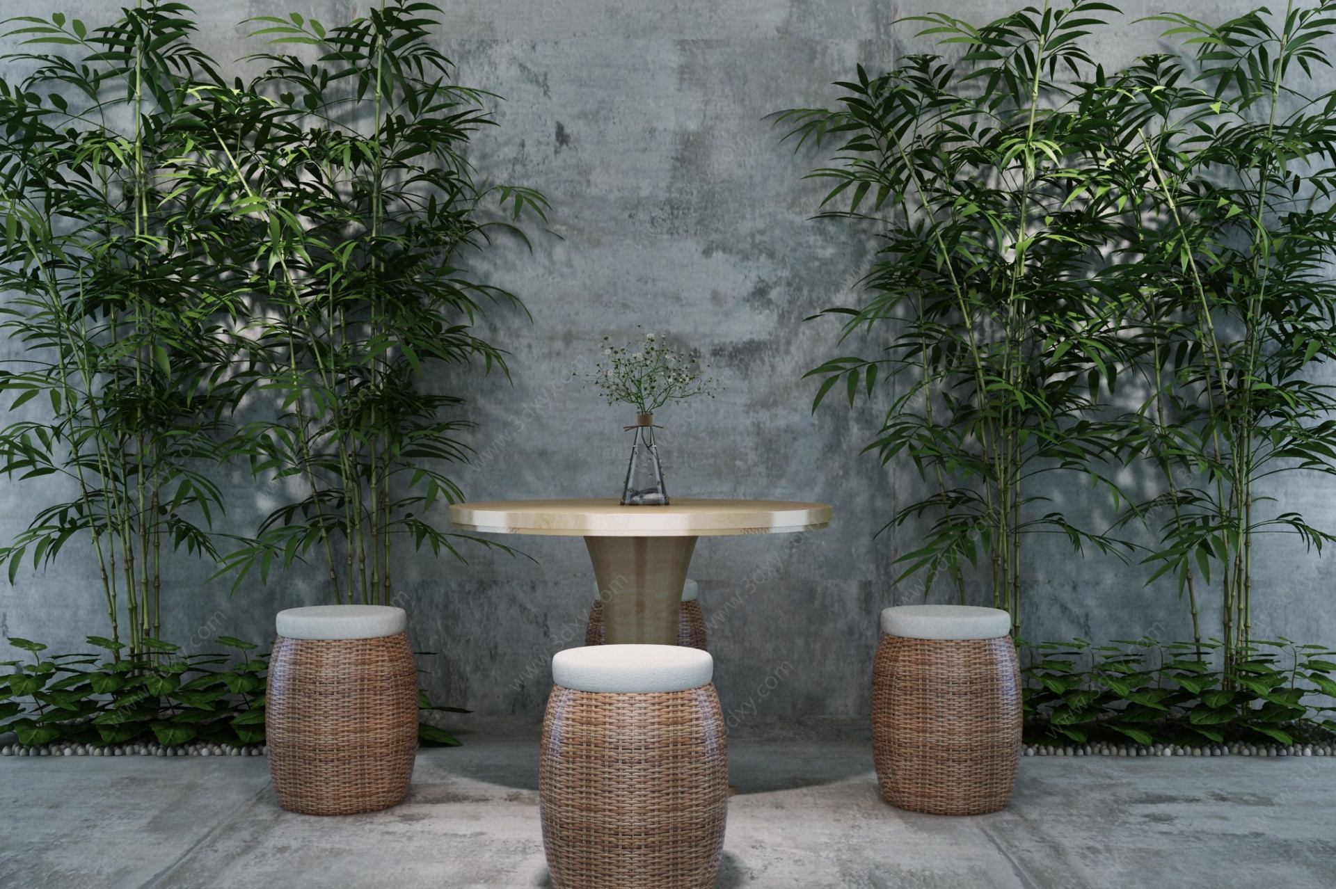 中式竹子圆桌椅3D模型
