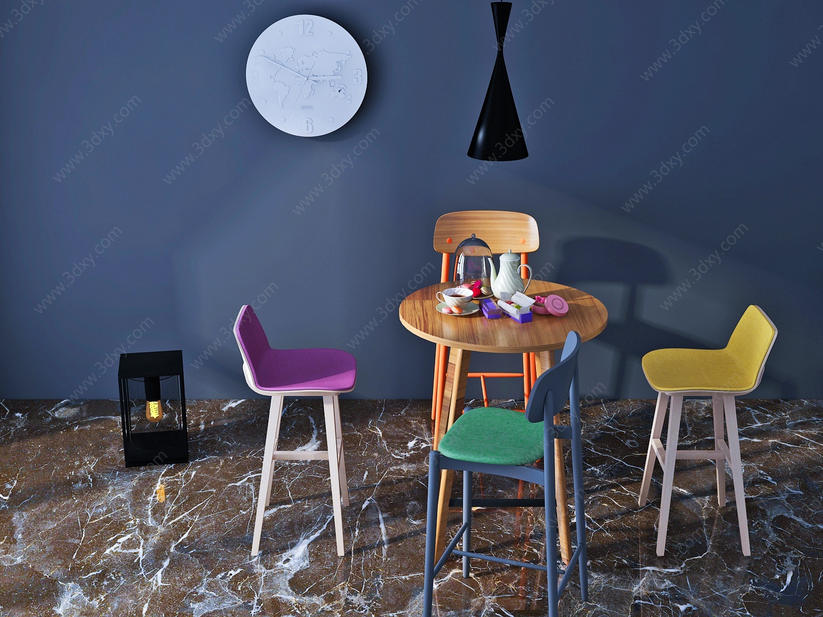 工业风实木圆桌吧椅3D模型