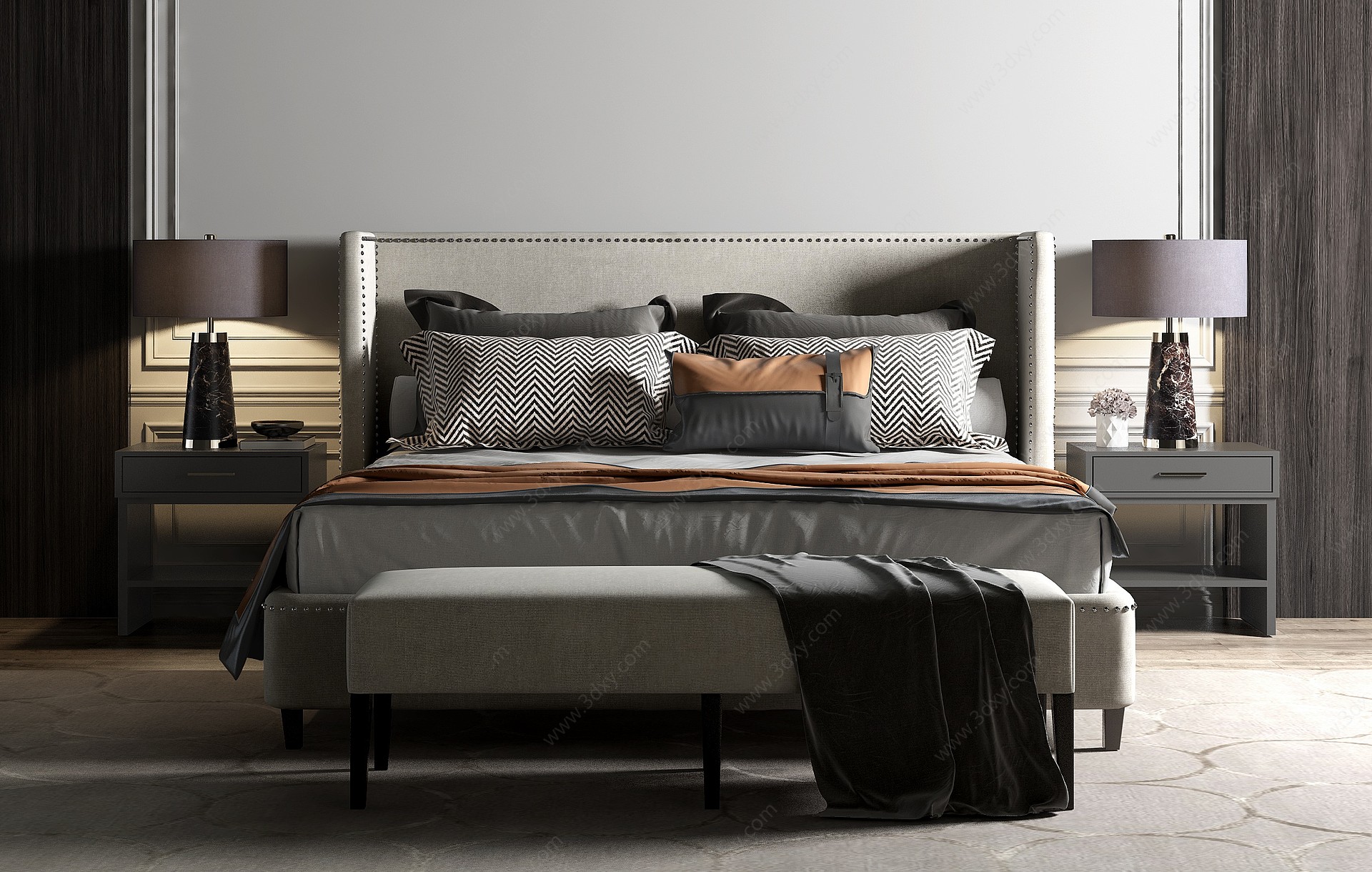 美式双人床床头柜组合3D模型