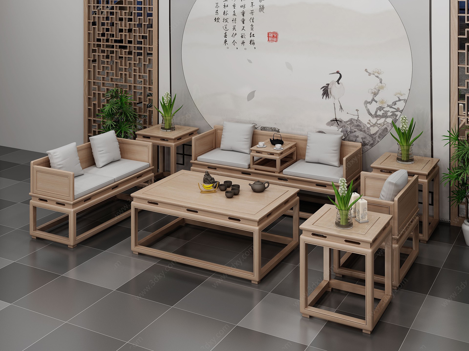 新中式禅意沙发组合3D模型