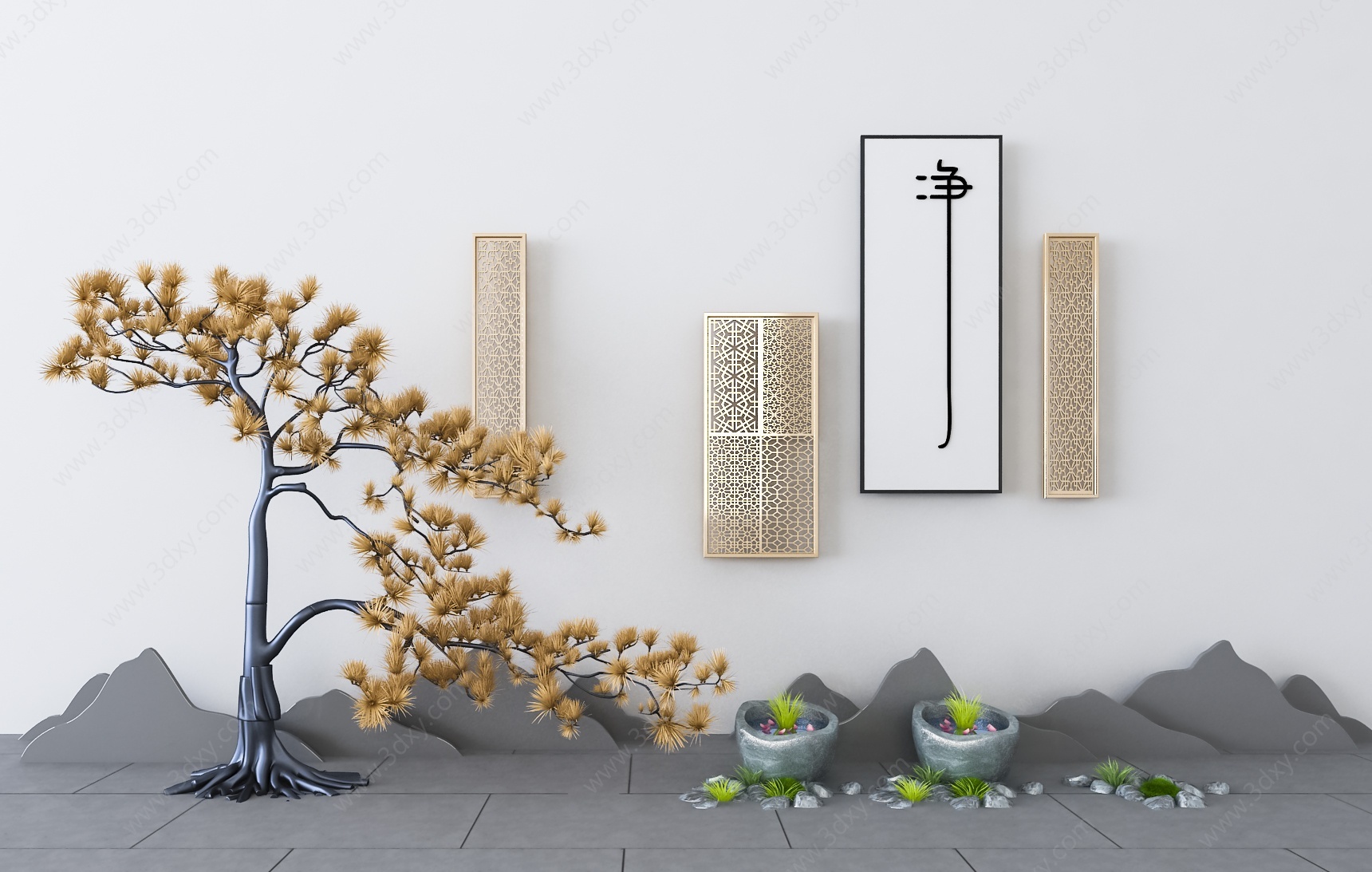 新中式植物石头景观小品3D模型