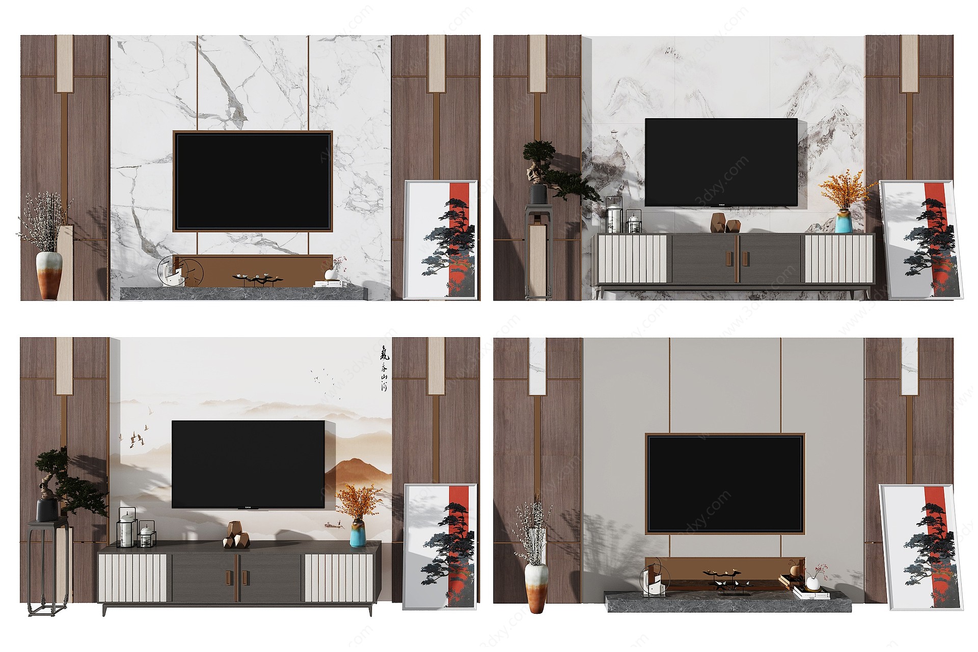 新中式电视柜背景墙3D模型