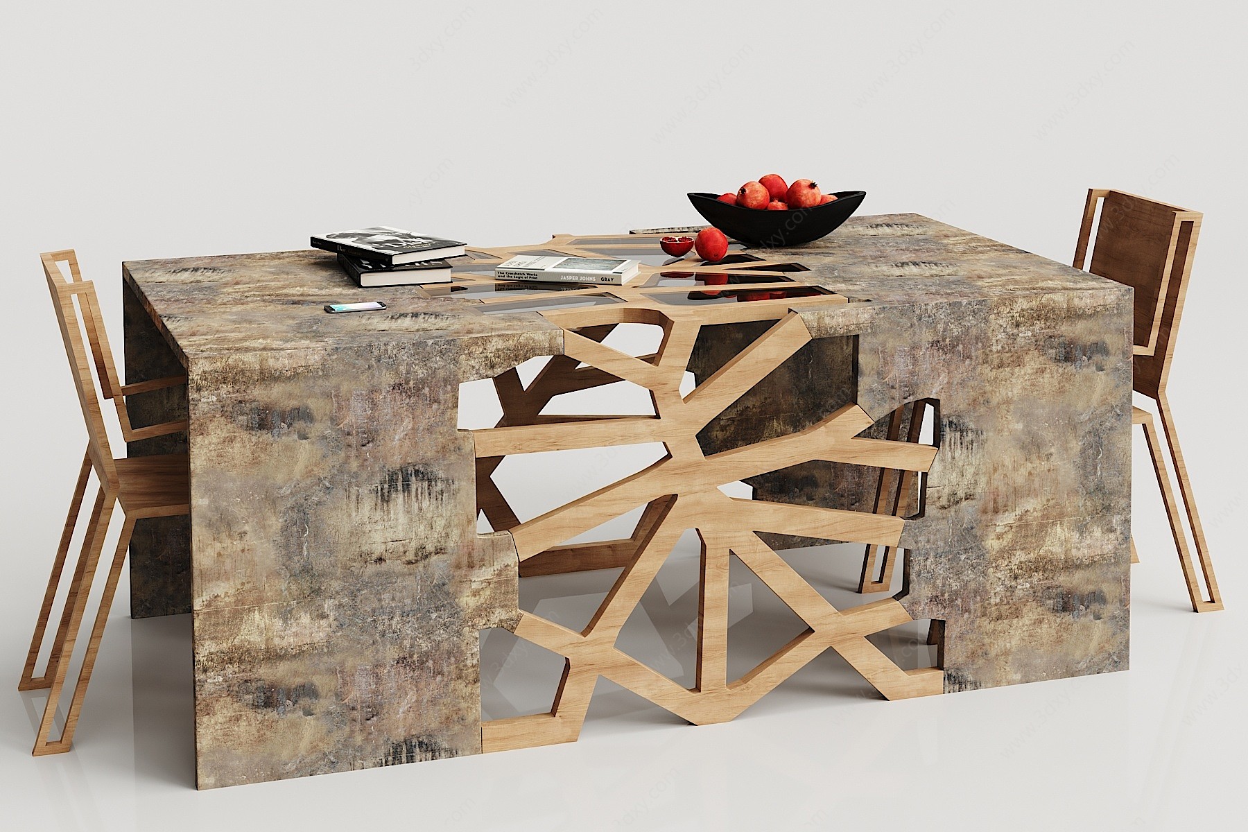 工业风实木餐桌椅摆件组合3D模型