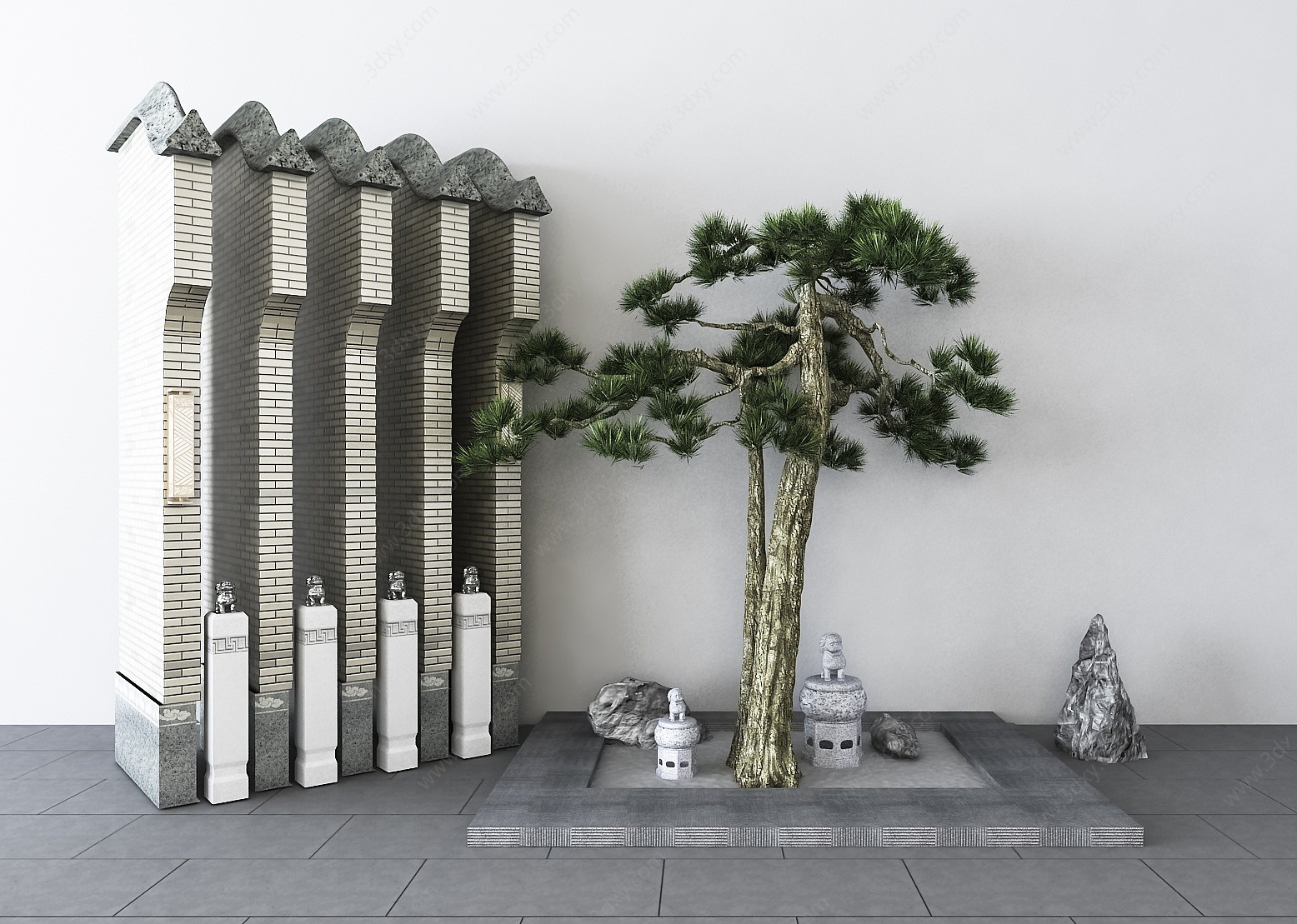 新中式松树石头景观小品3D模型